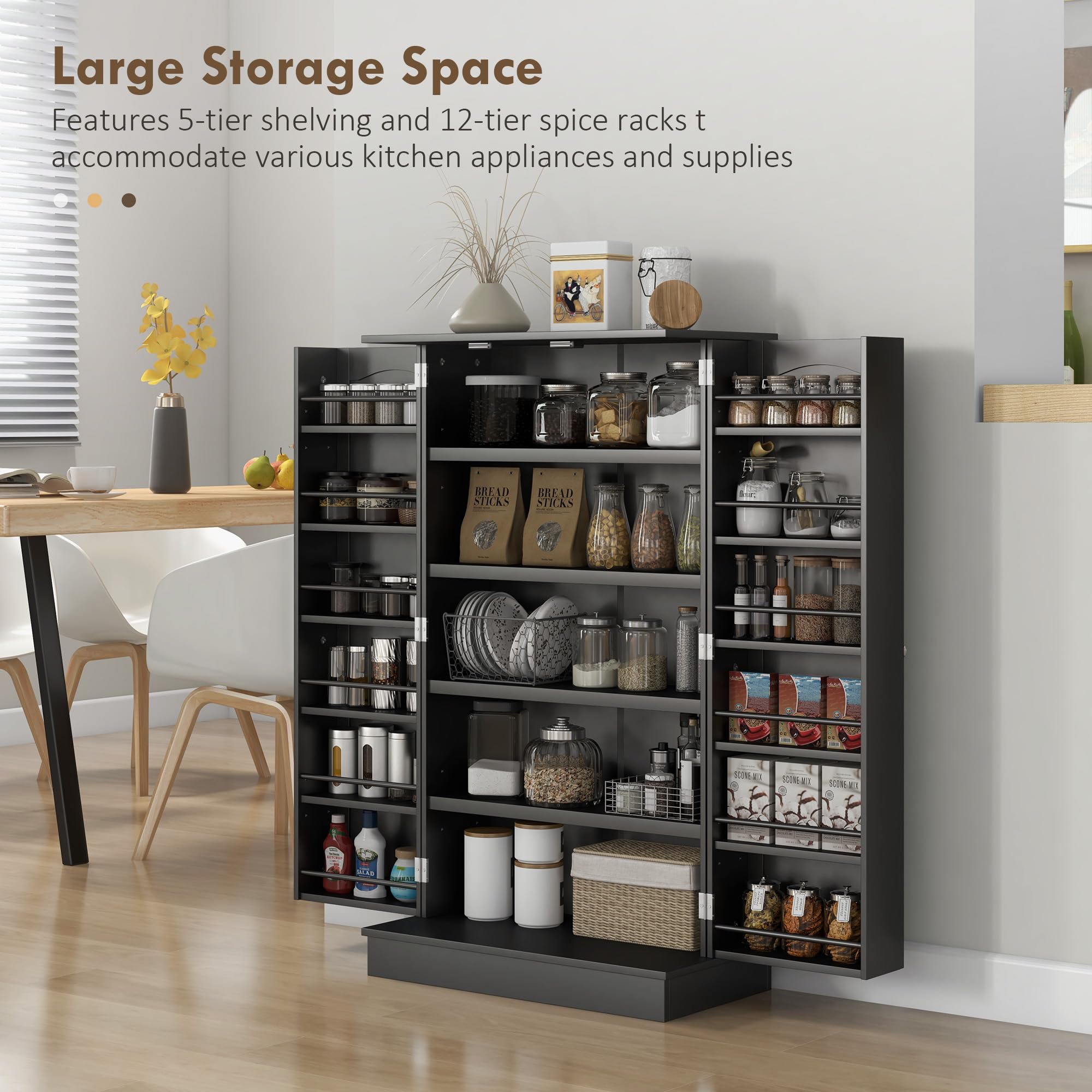 HOMCOM 41-Inch Freestanding Kitchen Pantry Storage Cabinet with 12 Adjustable Shelves, Double Doors & 5-Tier Organizer - Black | Perfect for Small Kitchens, Apartments & Pantry Organization