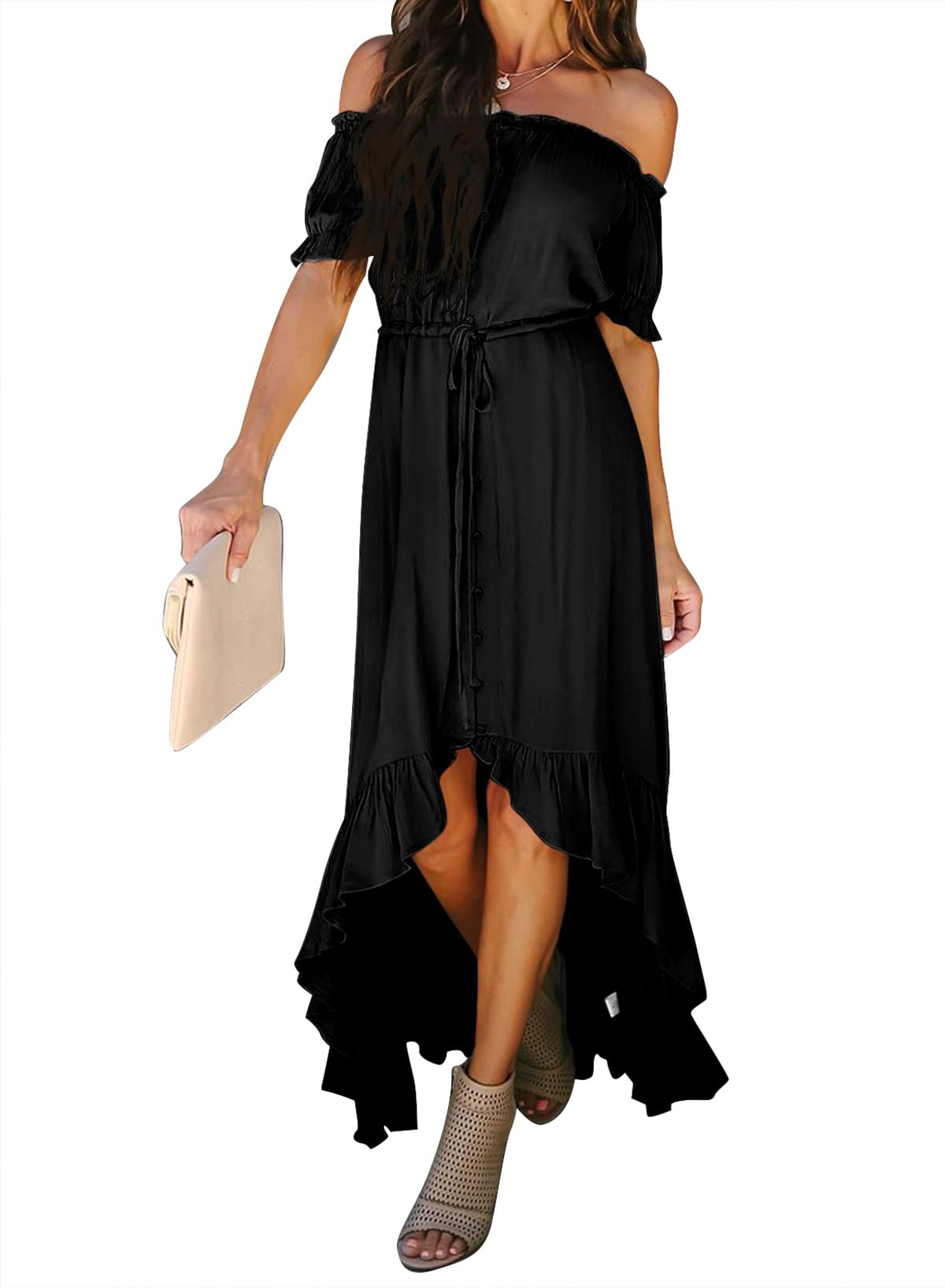 Dokotoo Women's 2025 Off Shoulder Casual Short Sleeve Maxi Dress - High Low Solid Cocktail Skater Dress for Summer Beach Party & Evening Out