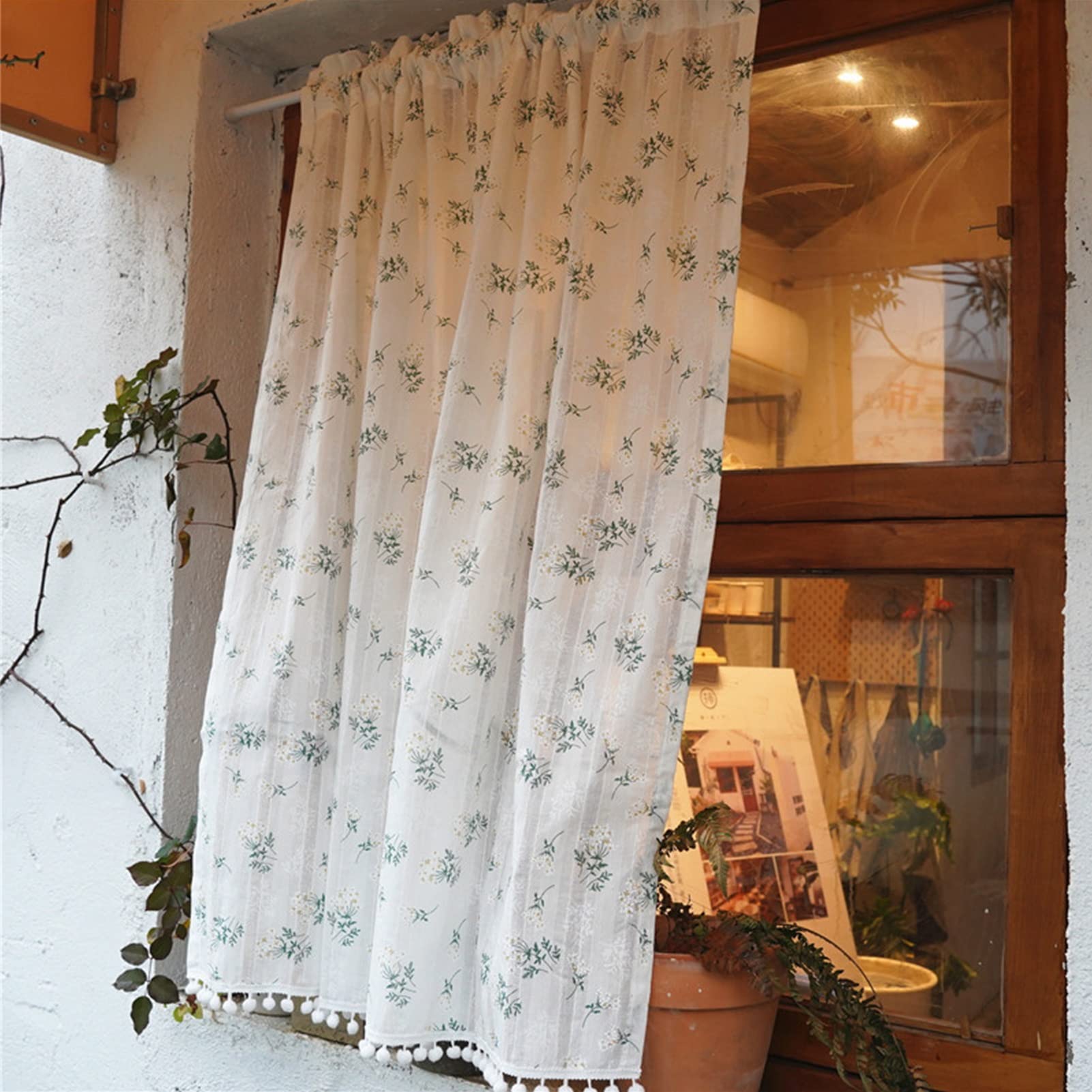 Country Style Lilac Cotton Cafe Curtains - Small Pompom Drapes for Kitchen, Bistro & Restaurant Windows (140x40cm) | Rustic Farmhouse Decor, Perfect for Coffee Shops & Cozy Home Kitchens