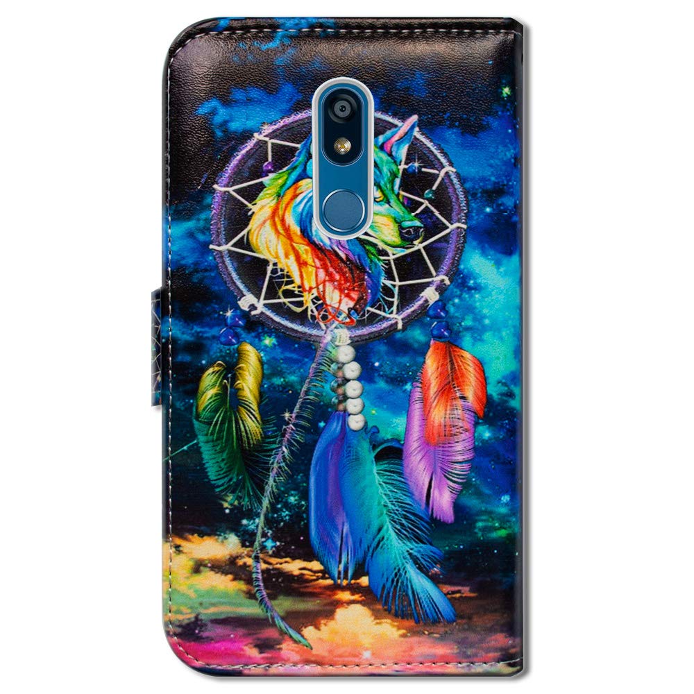 Premium Leather Flip Wallet Case for LG K40/K12 Plus/X4/Solo LTE/Harmony 3/Xpression Plus 2 - Dream Catcher Wolf Sky Design with Card Slots & Kickstand | Perfect for Work, Travel and Everyday Protection