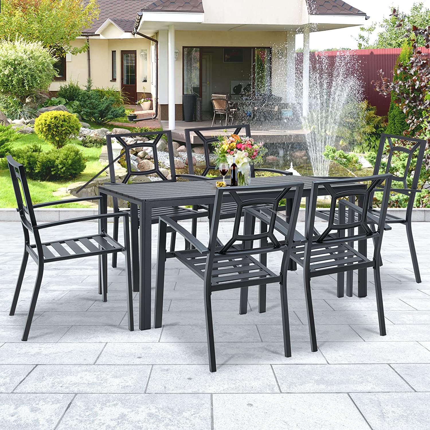 AECOJOY 7-Piece Outdoor Dining Set - Durable Aluminum Patio Table & 6 Stackable Metal Chairs for Garden, Backyard, Deck - Weather-Resistant Matte Black - Perfect for BBQs, Poolside Gatherings & Outdoor Entertaining