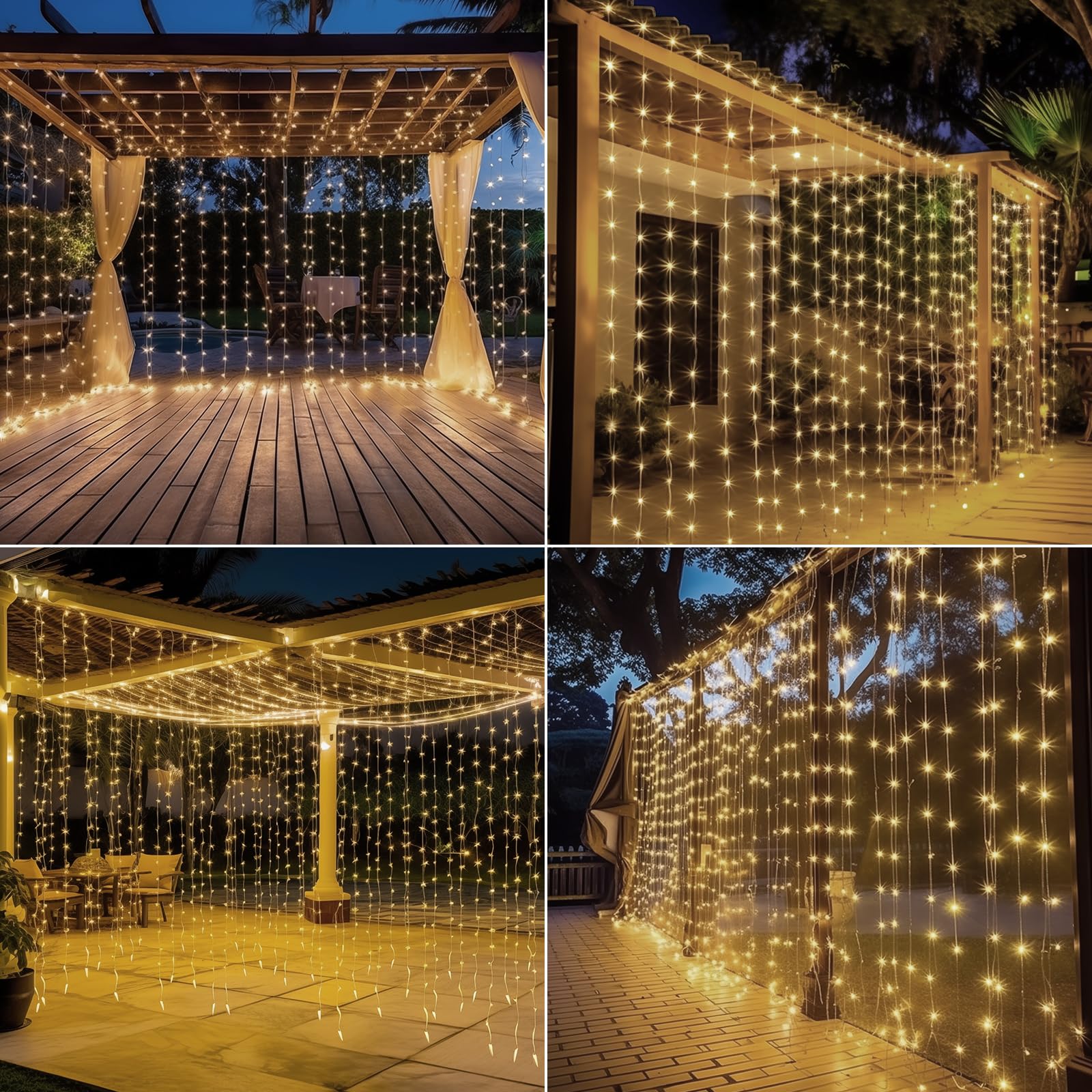 300 LED Battery Operated Waterproof Curtain Lights - 10ft x 10ft Outdoor Twinkle Fairy String Lights with Remote Control & 8 Modes (Warm White) for Bedroom, Porch, Gazebo, Wedding, Party, Garden, Christmas Decorations