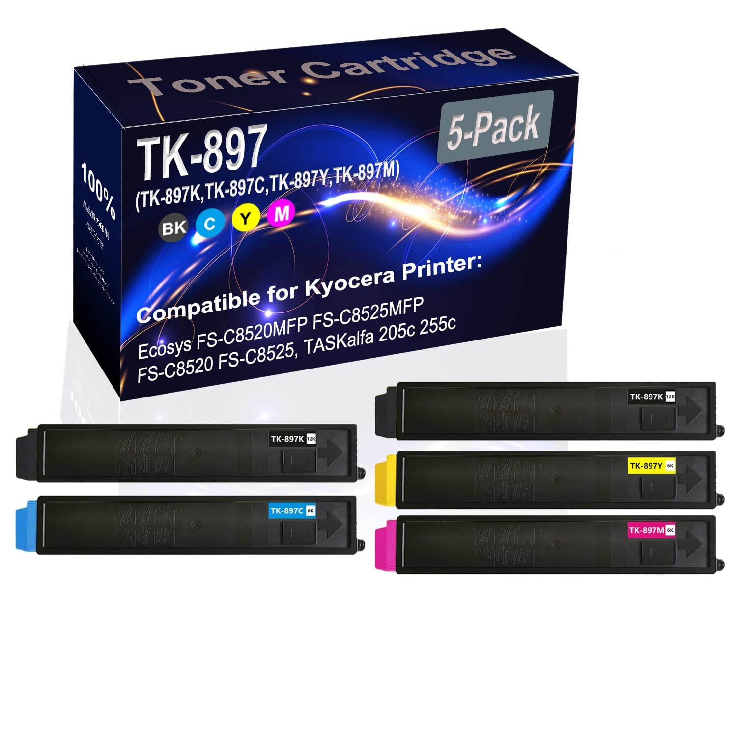 5-Pack (2BK+C+Y+M) High-Capacity Compatible Toner Cartridge for Kyocera Ecosys FS-C8520MFP Laser Printer - Replacement for TK-897, TK-897K, TK-897C, TK-897Y, TK-897M - Ideal for Office Printing & High-Volume Documents