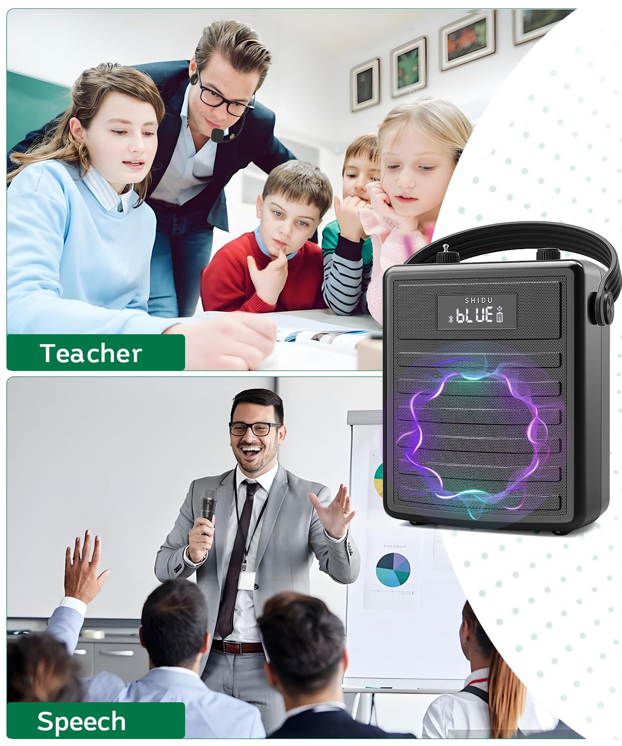 SHIDU Professional Portable Voice Amplifier with Wireless UHF Microphone & Bluetooth Speaker - Headset & Handheld Mic Included - Ideal for Teachers, Meetings, Speeches, Outdoor Events & Public Speaking