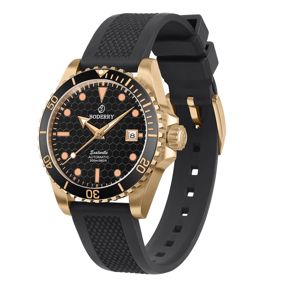 Automatic Bronze Diver Watch for Men - Waterproof 200M, Black FKM Rubber Strap, Vintage Style | Perfect for Scuba Diving, Swimming & Everyday Wear