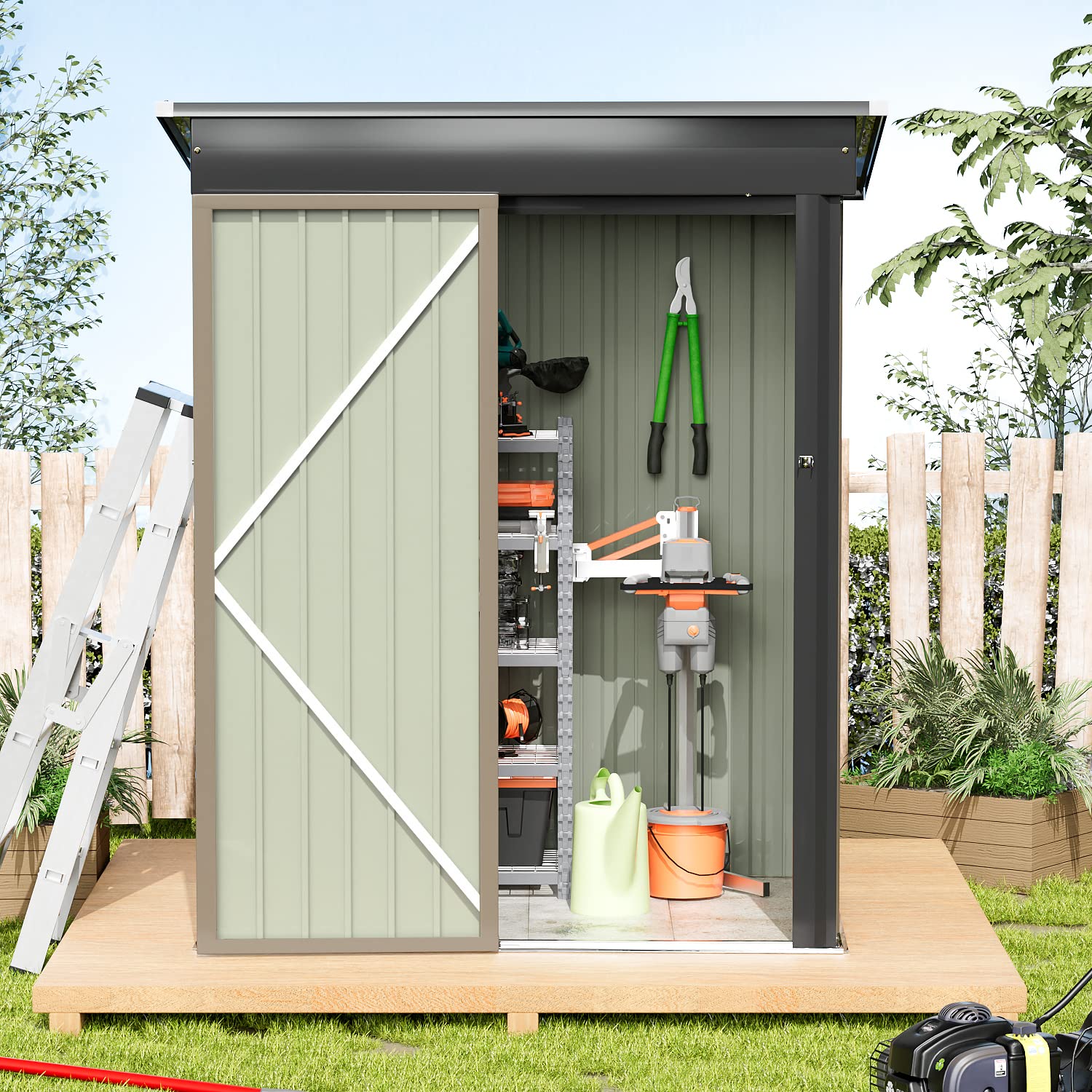 Greesum 5FT x 3FT Metal Outdoor Storage Shed - Heavy Duty Steel Utility Tool Shed with Lockable Door for Backyard, Garden, Patio & Lawn Organization (5' x 3', Brown) - Perfect for Storing Lawn Mowers, Gardening Tools & Outdoor Equipment