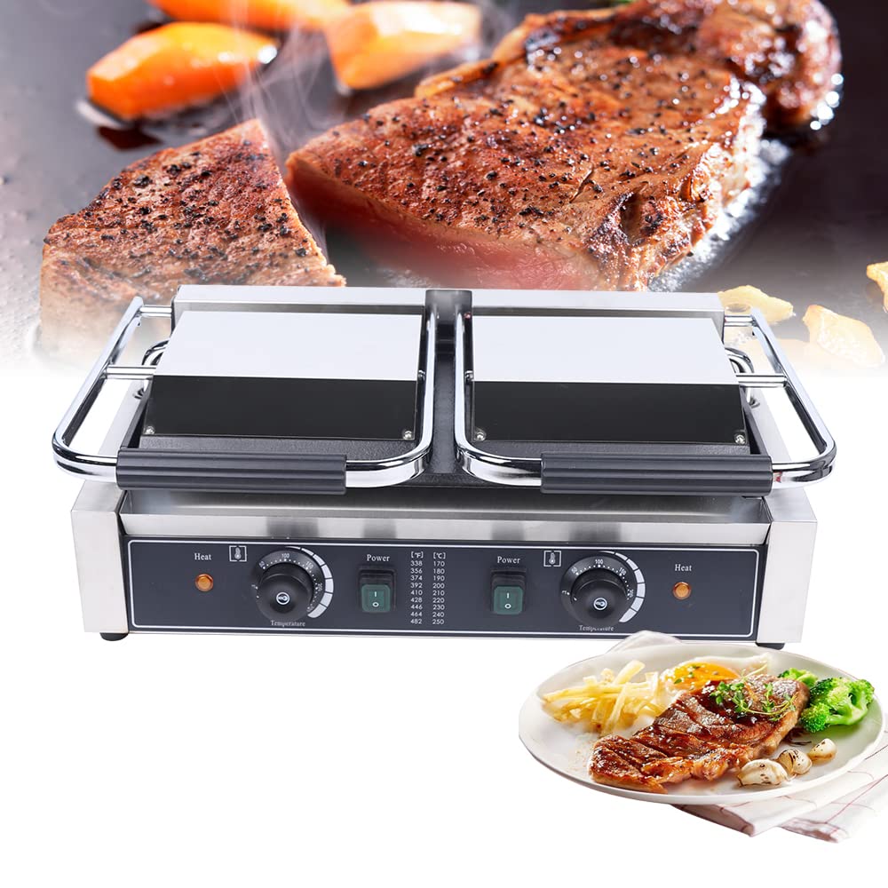 LOYALHEARTDY 3700W Commercial Electric Panini Press Grill - Non-Stick Full Grooved Plates, 110V, Temperature Control 122-572℉ (Black) - Perfect for Sandwiches, Hamburgers, Paninis & More - Ideal for Restaurants, Cafes & Home Kitchens