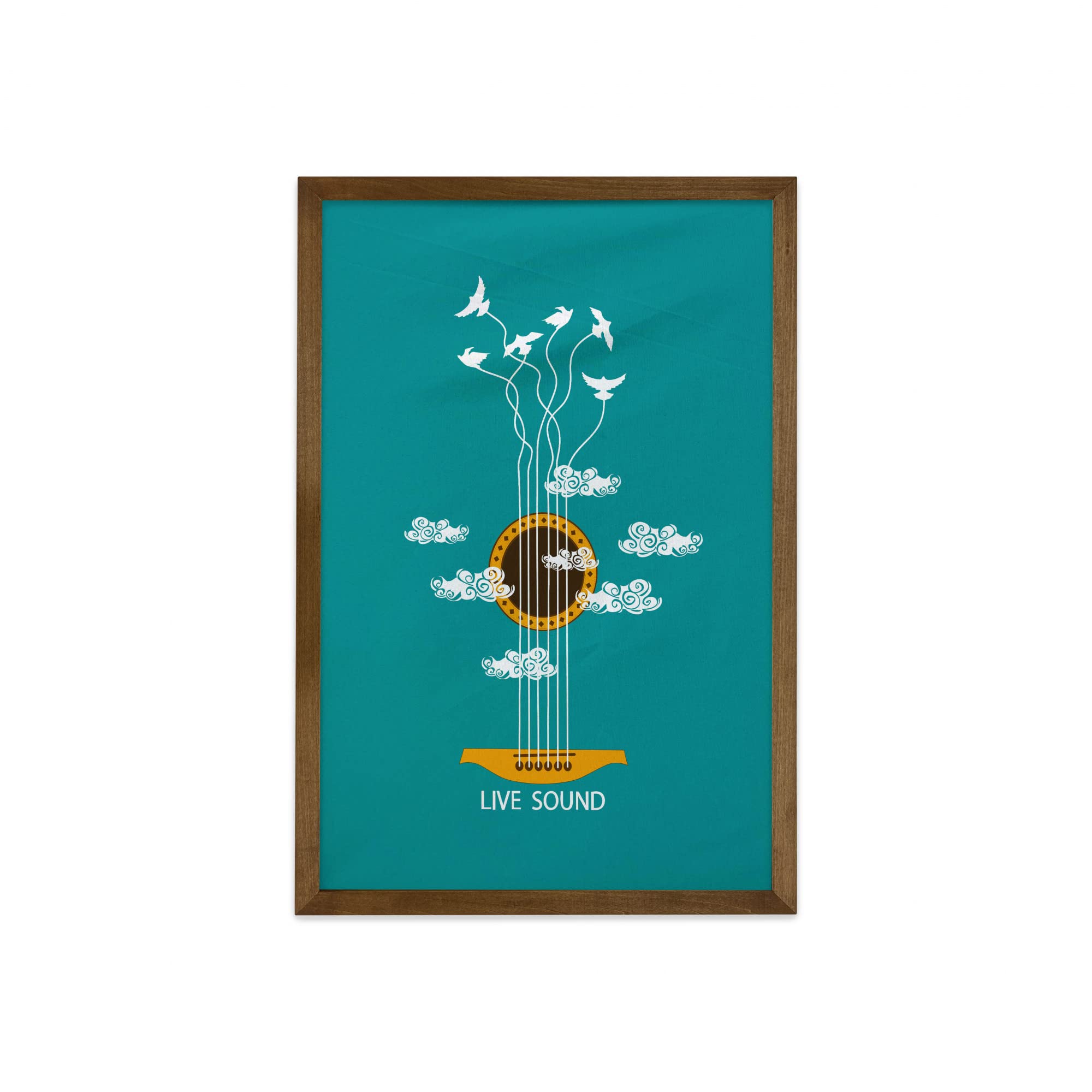 Ambesonne Framed Guitar Wall Art - Abstract Music Theme with Birds on Strings & Clouds - Teak Wood Frame Fabric Decor for Living Room, Bedroom, Dorm - 23x35 Inches Turquoise Marigold White - Perfect for Musicians' Gifts & Music Studio Decor