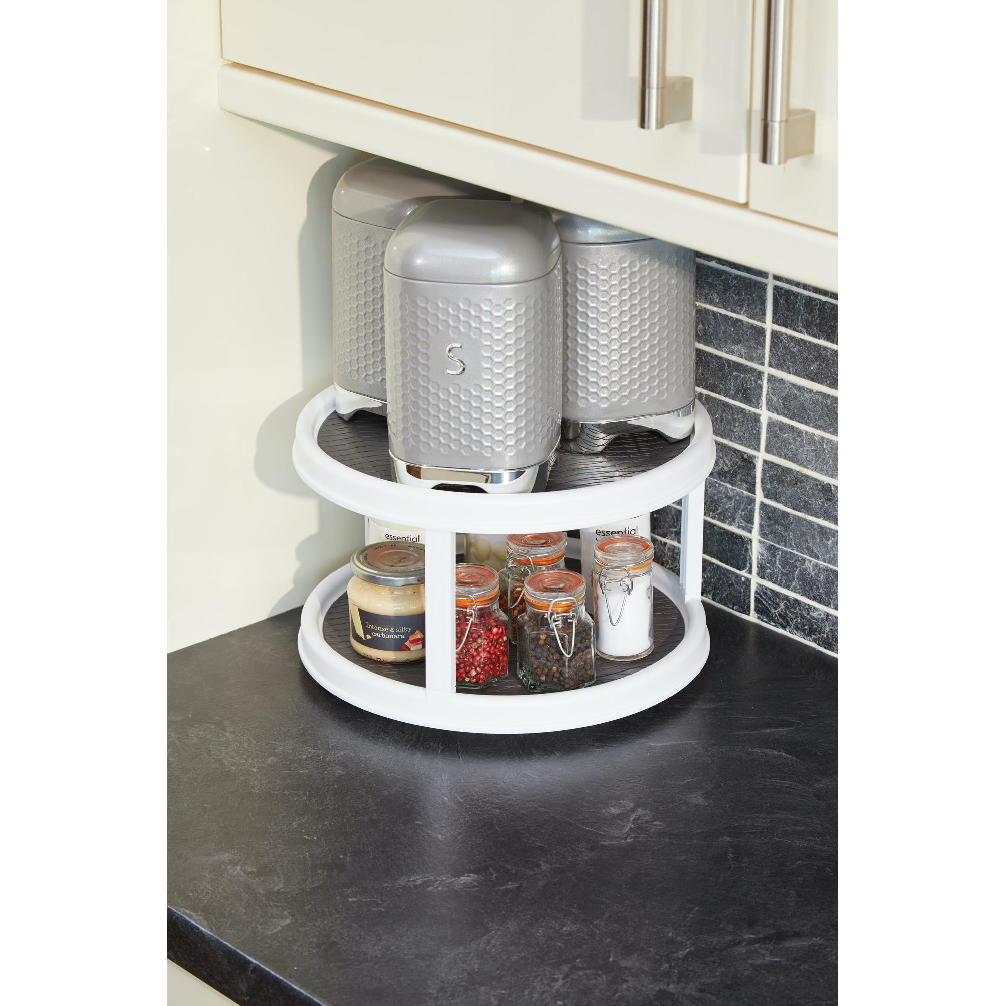 Copco Double Layer White Lazy Susan Turntable - 360° Rotating Organizer for Spices, Condiments & Kitchen Storage - Perfect for Pantry, Cabinet or Countertop Organization
