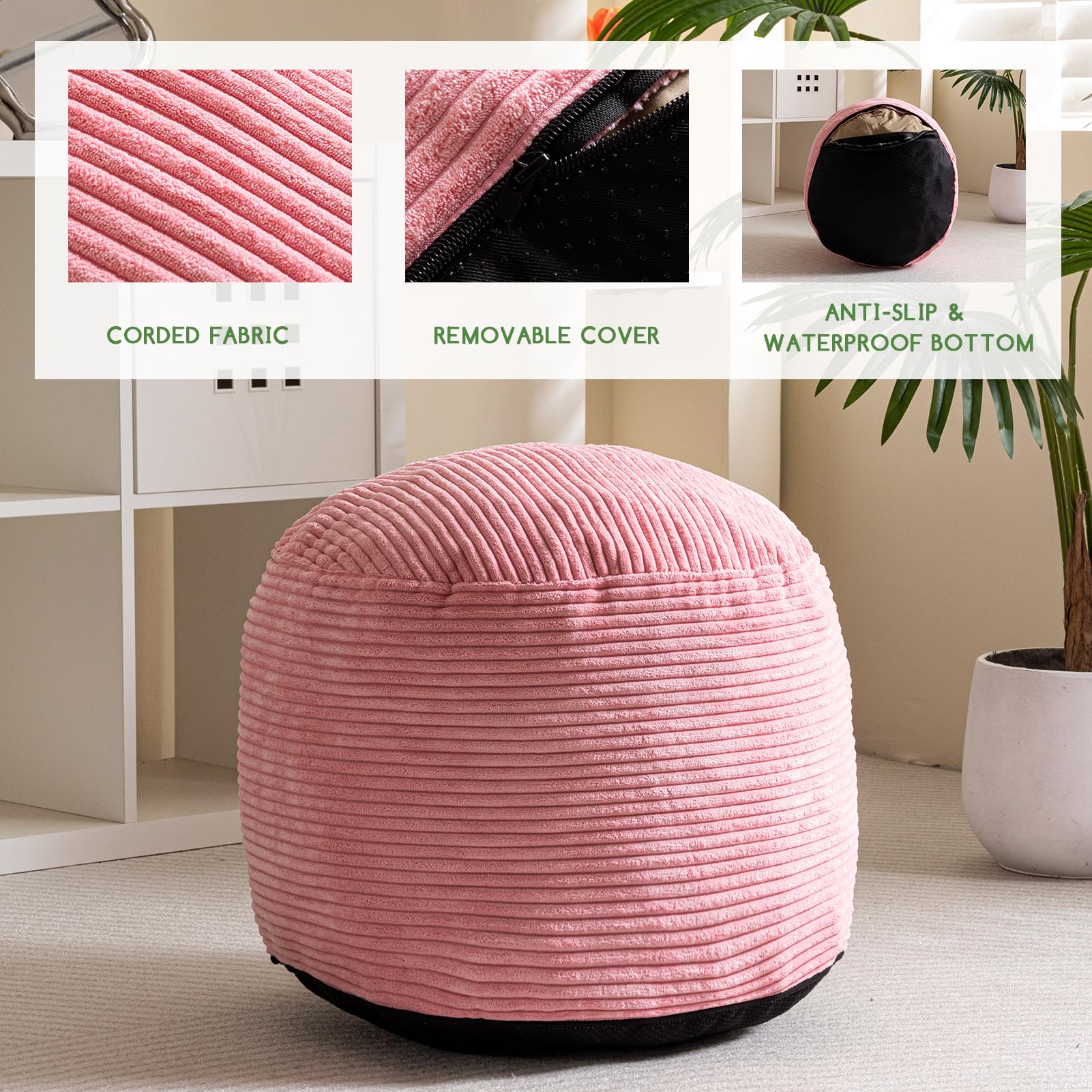 MAXYOYO Round Stuffed Pouf Ottoman - 20 x 15 Inch Corduroy Footrest with Foam Chunk Filling, Pink | Perfect for Living Room, Bedroom & Nursery Decor