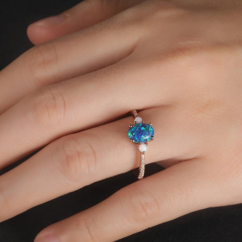Black Opal Engagement Ring - 6x8mm Oval Diamond Wedding Ring with Birthstone | Perfect for Proposals, Anniversaries & Special Occasions