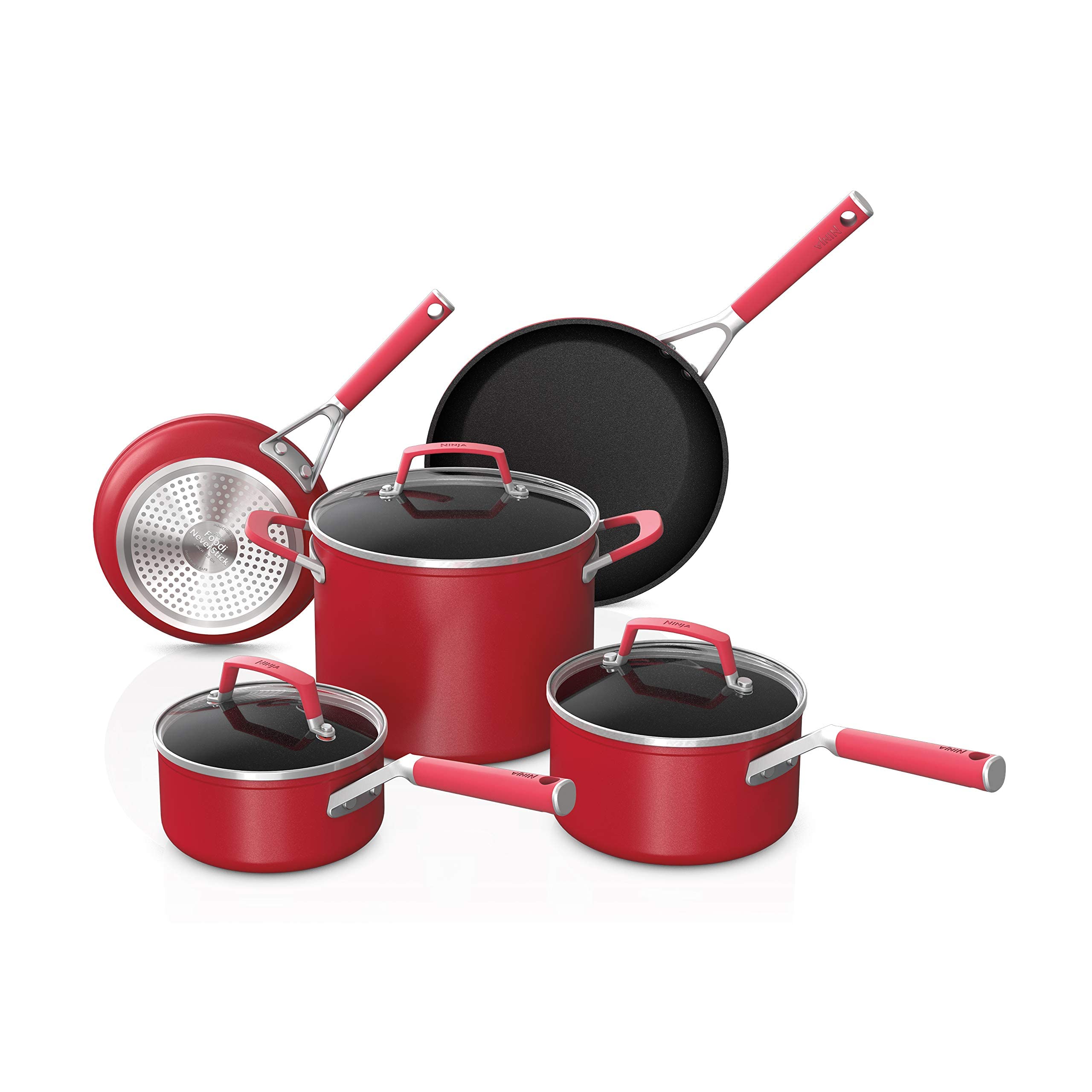 Ninja C28000 Foodi NeverStick Vivid 8-Piece Nonstick Cookware Set with Lids - Durable, Oven Safe to 400°F, Cool-Touch Handles, Crimson Red - Perfect for Frying, Sautéing, Baking & Everyday Cooking
