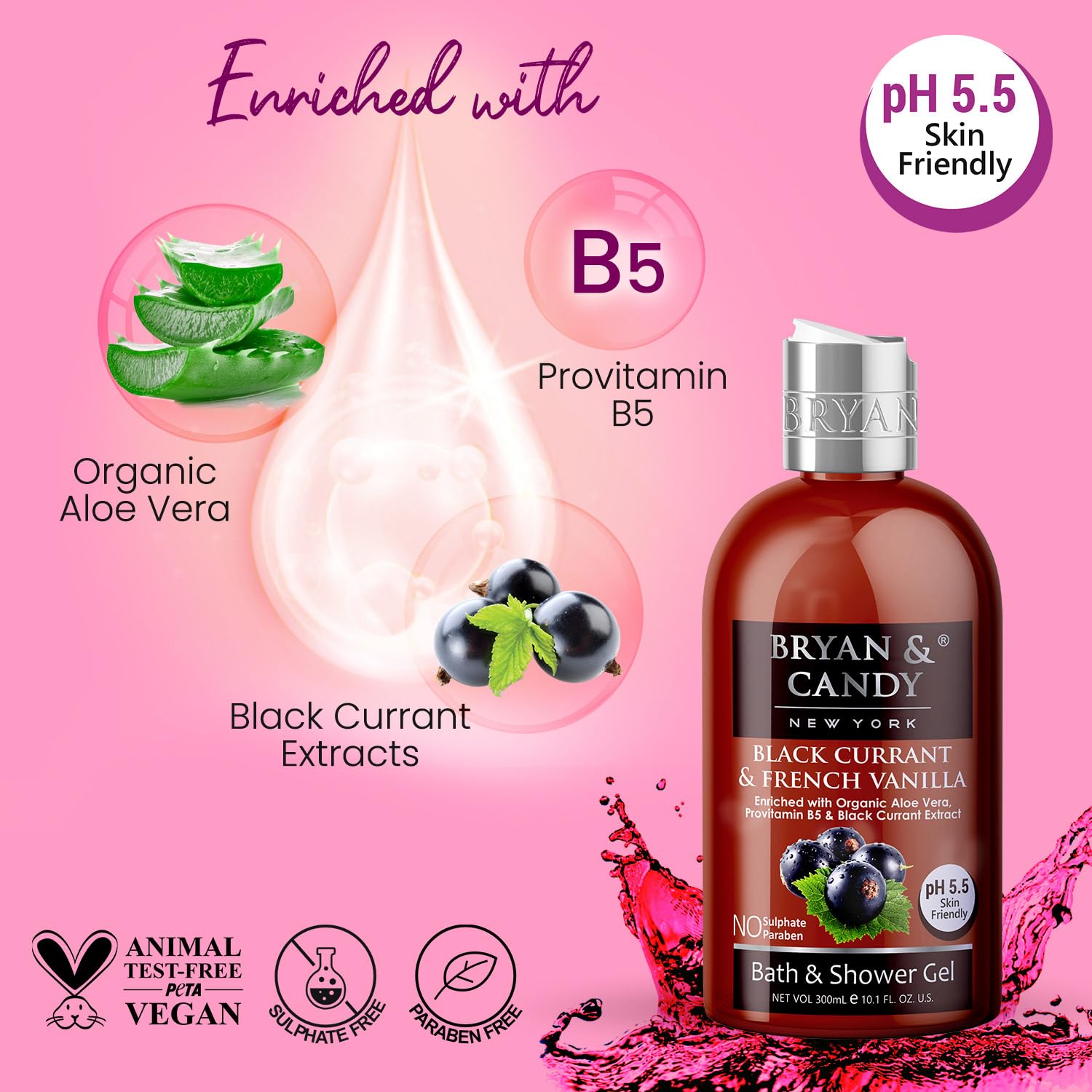 Bryan & Candy Aloe Vera Shower Gel - Gentle Moisturizing Body Wash for Soft, Supple Skin | Black Currant Scented (300ml) | Perfect for Daily Hydration & Relaxing Bath Time