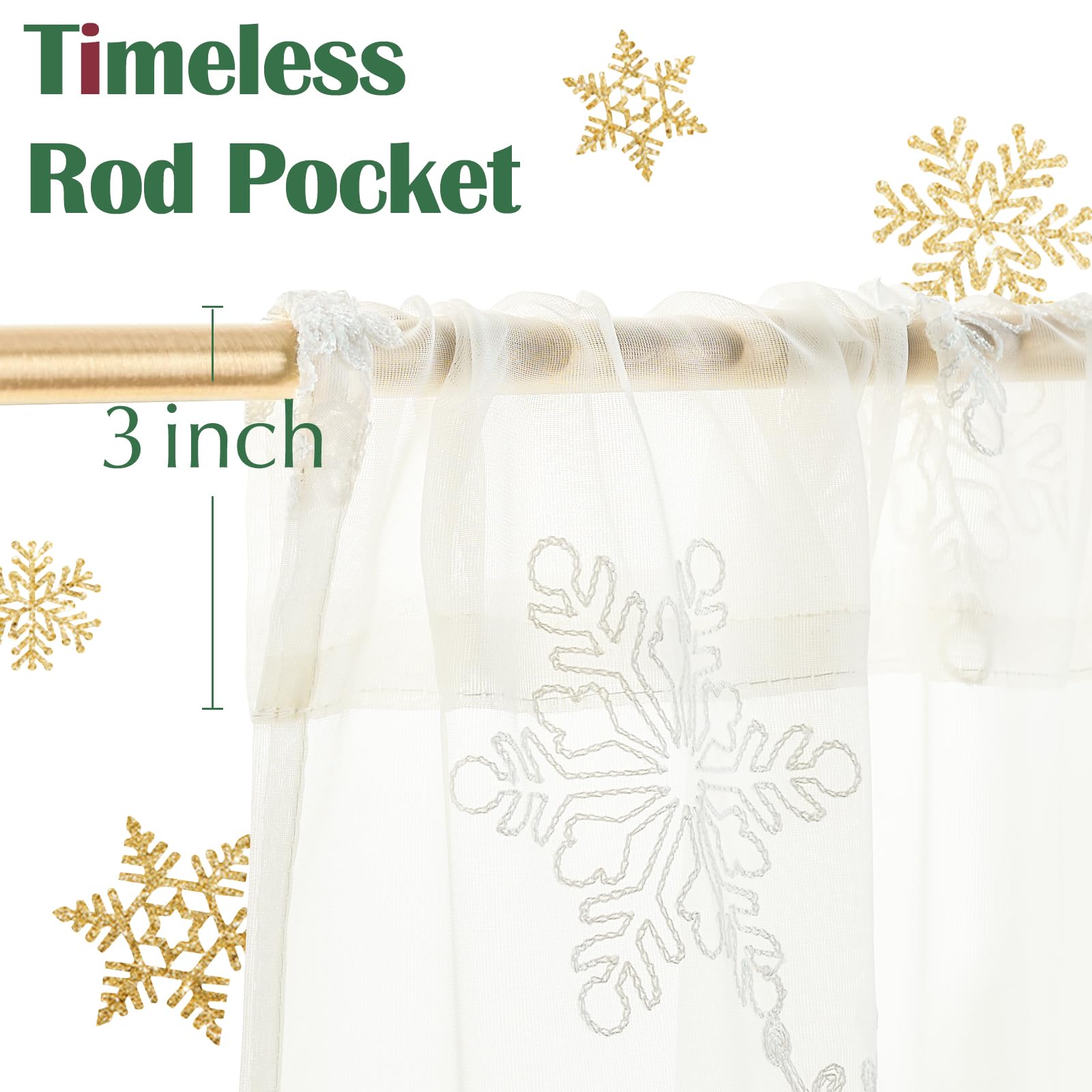Jinchan White Sheer Curtains 24 Inch - Snowflake Embroidered Voile Tier Drapes for Kitchen, Bathroom, Bedroom & RV - Winter Holiday Decor with Rod Pocket (2 Panels) - Perfect for Small Windows, Cafe Style & Seasonal Home Decor