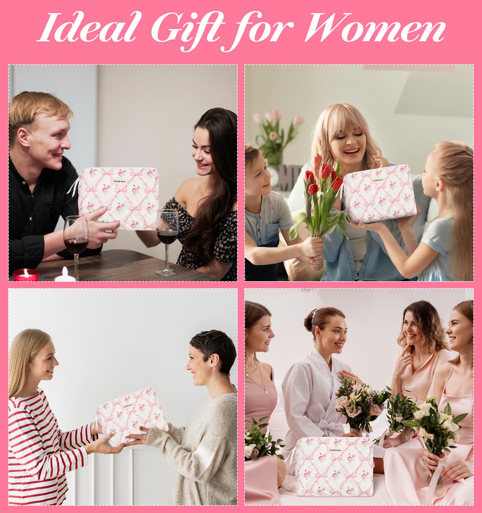 Floral Makeup Bag for Women - Large Quilted Cosmetic Pouch with Pink Bow Design, Travel Toiletry Organizer for Girls | Perfect for Travel, Gym & Everyday Essentials Storage