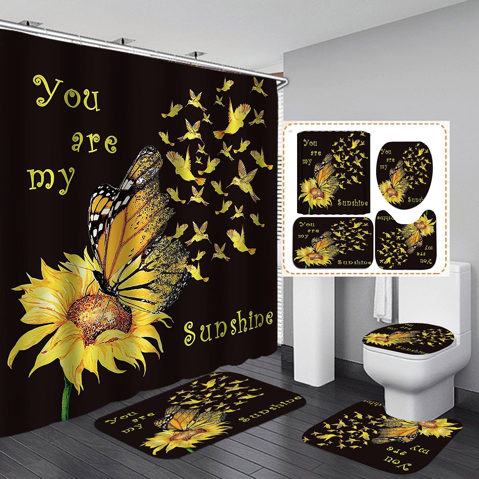 4PCS Sunflower Shower Curtain Set with Butterfly & Hummingbird Floral Design - Non-Slip Bathroom Decor with Inspirational Quotes - Perfect for Farmhouse, Boho, or Vintage Style Bathrooms - You Are My Sunshine Theme