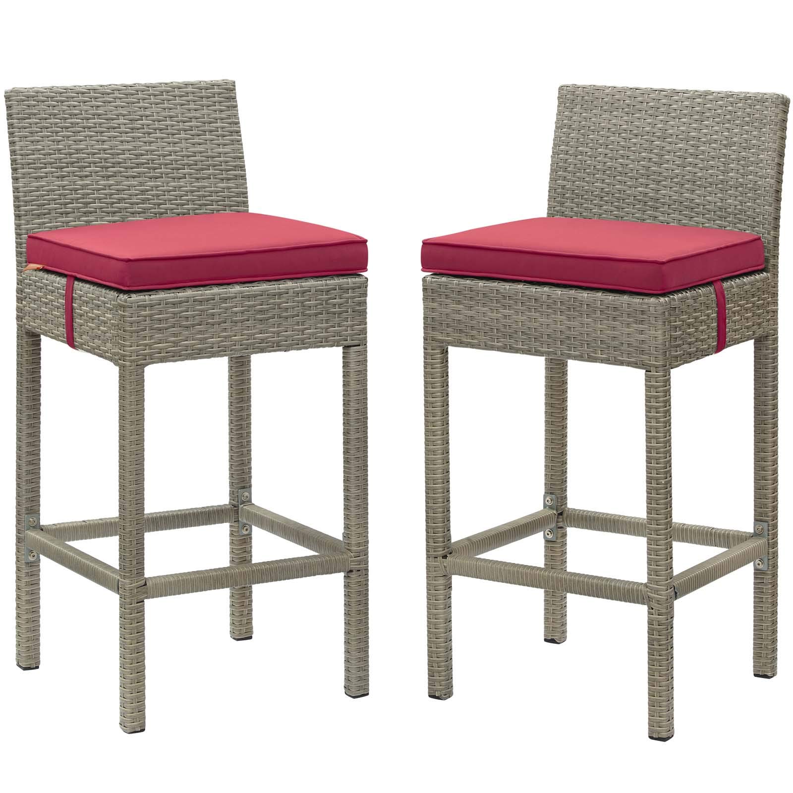 Modern Outdoor Patio Garden Bar Stool Set of 2, Red Fabric Rattan Wicker Chairs for Backyard, Poolside, and Balcony Relaxation