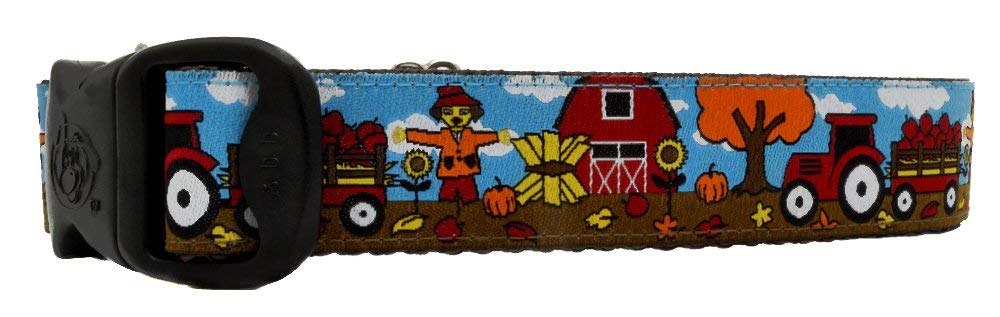 Adjustable Fall Farm Barn Dog Collar for Medium, Large & X-Large Dogs - Autumn Seasonal Apples & Tractor Scarecrow Design - Perfect for Halloween, Thanksgiving & Farm-Themed Events