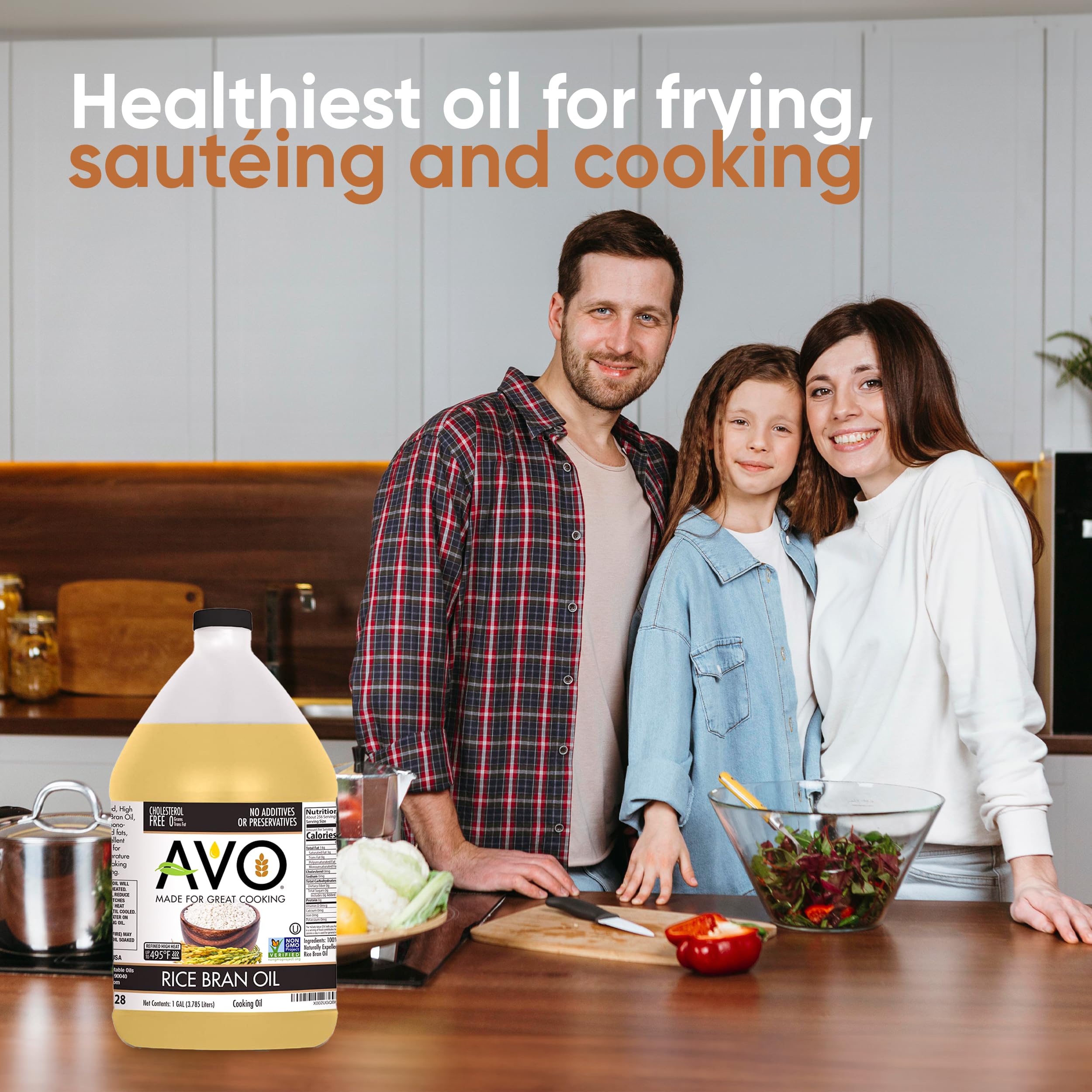 AVO NON GMO 100% Pure Rice Bran Oil - 1 Gallon (128 oz) - Natural Cooking Oil for Frying, Baking & Salad Dressing - No Preservatives Added - Healthy Kitchen Essential