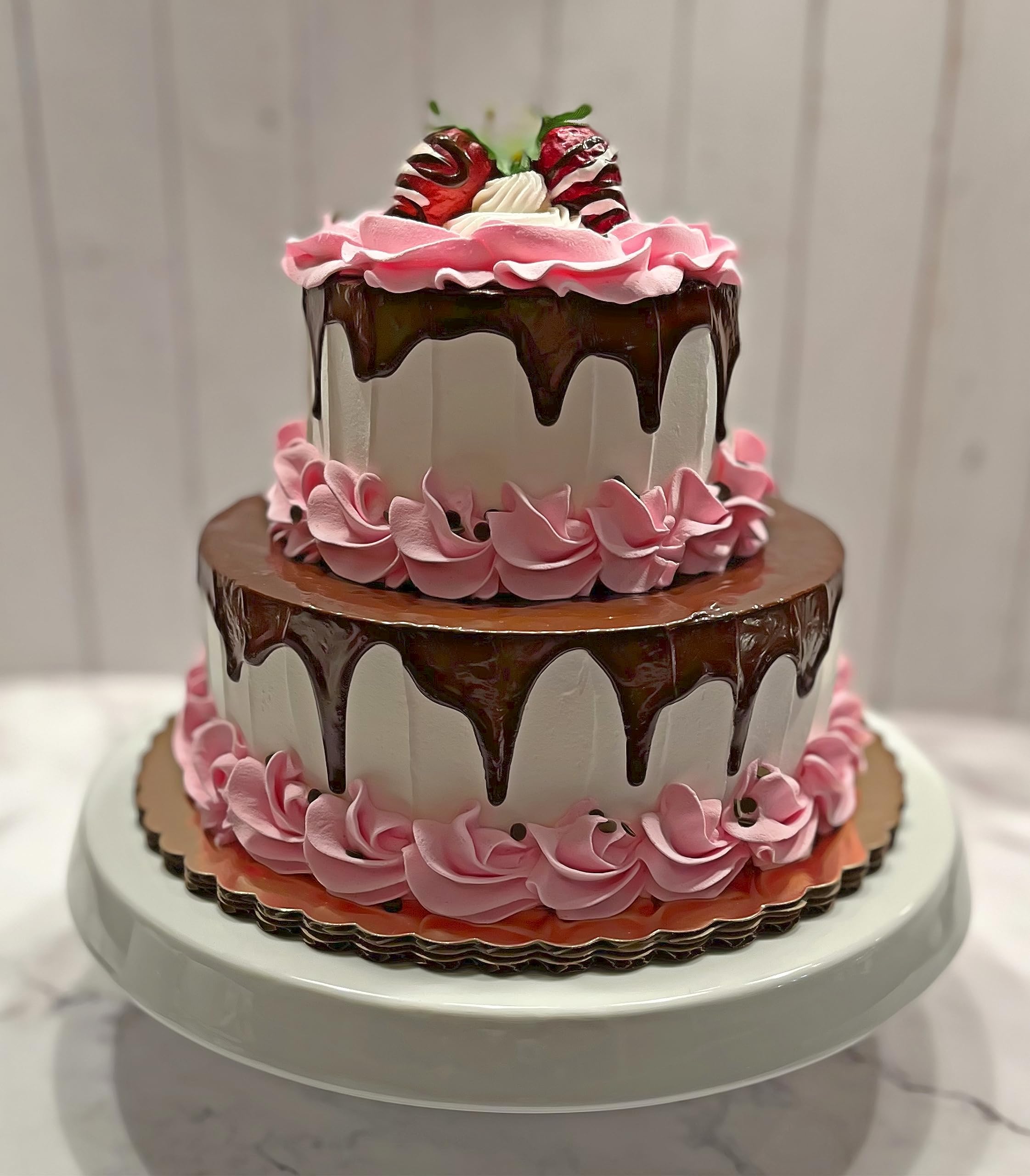 2-Tier Pink Valentine Fake Cake with Chocolate Drizzle - Handmade Artificial Decorative Cake by Dezicakes - Perfect for Wedding Centerpieces, Party Decorations & Photo Props