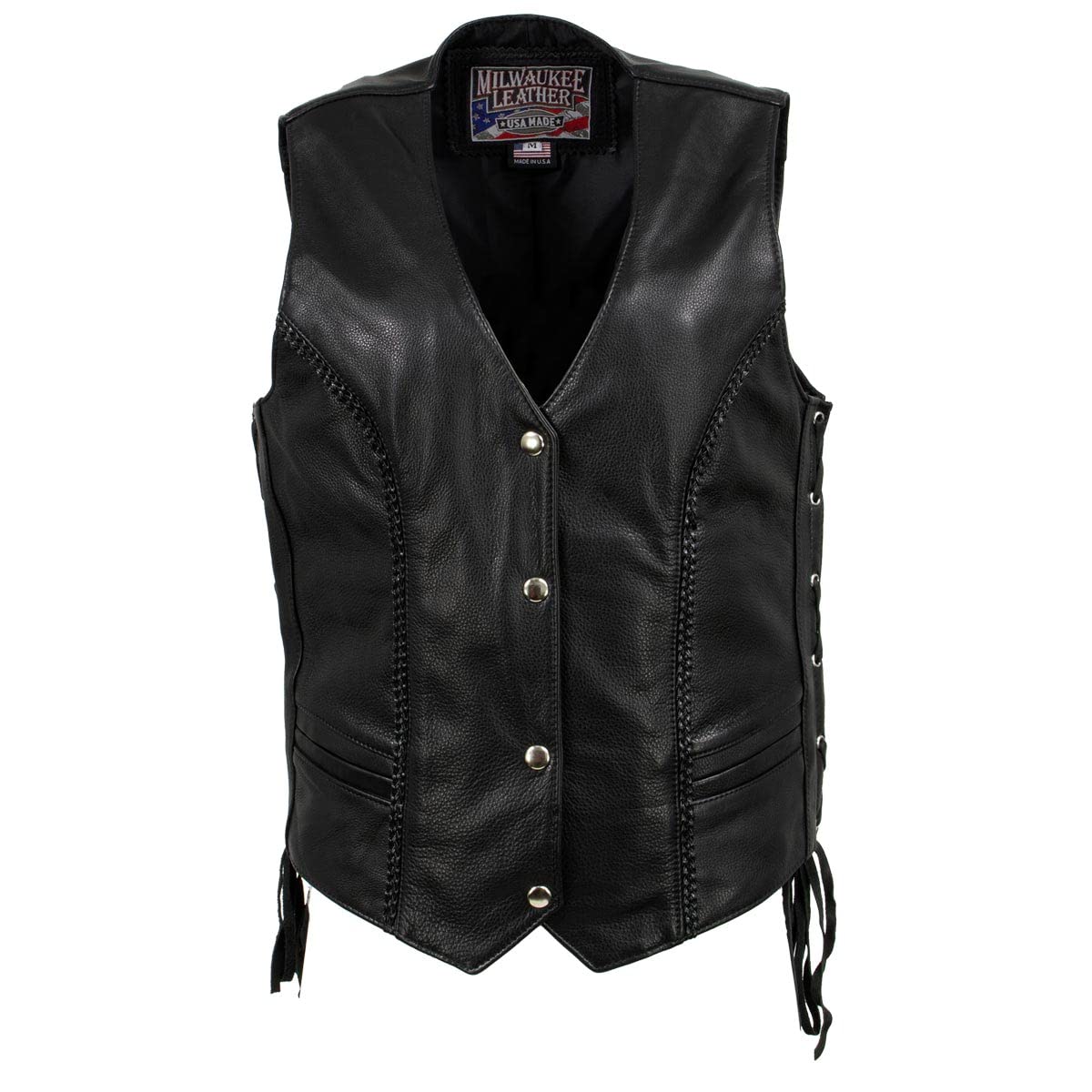 Milwaukee Leather MLVSL5001 Women's Black Braided Motorcycle Vest - Genuine USA Made Leather Jacket for Bikers & Riders - Perfect for Motorcycle Clubs, Road Trips & Casual Outfits