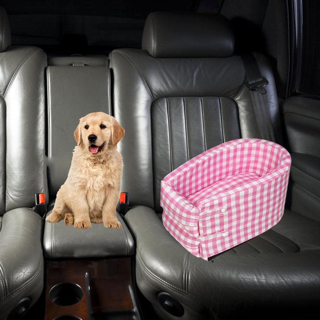 GAH Portable Pet Car Seat - Anti-Slip & Washable Dog & Cat Car Cushion for Small Pets, Pink Plaid Design - Perfect for Travel, Road Trips & Vet Visits