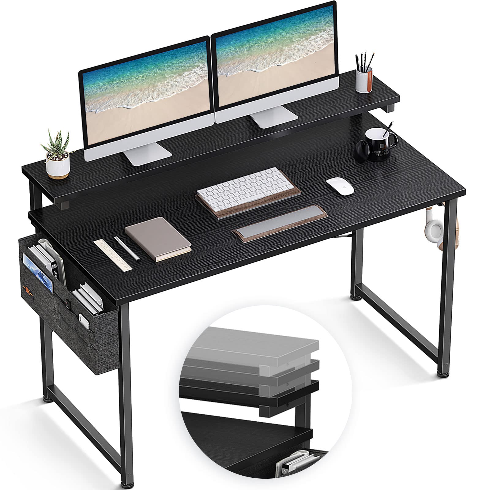 ODK 48 Inch Adjustable Height Computer Desk with Monitor Stand - Home Office Desk, Writing Desk, Study Workstation with 3 Height Settings (10cm, 13cm, 16cm) - Black - Perfect for Small Spaces, Gaming Setup & Remote Work