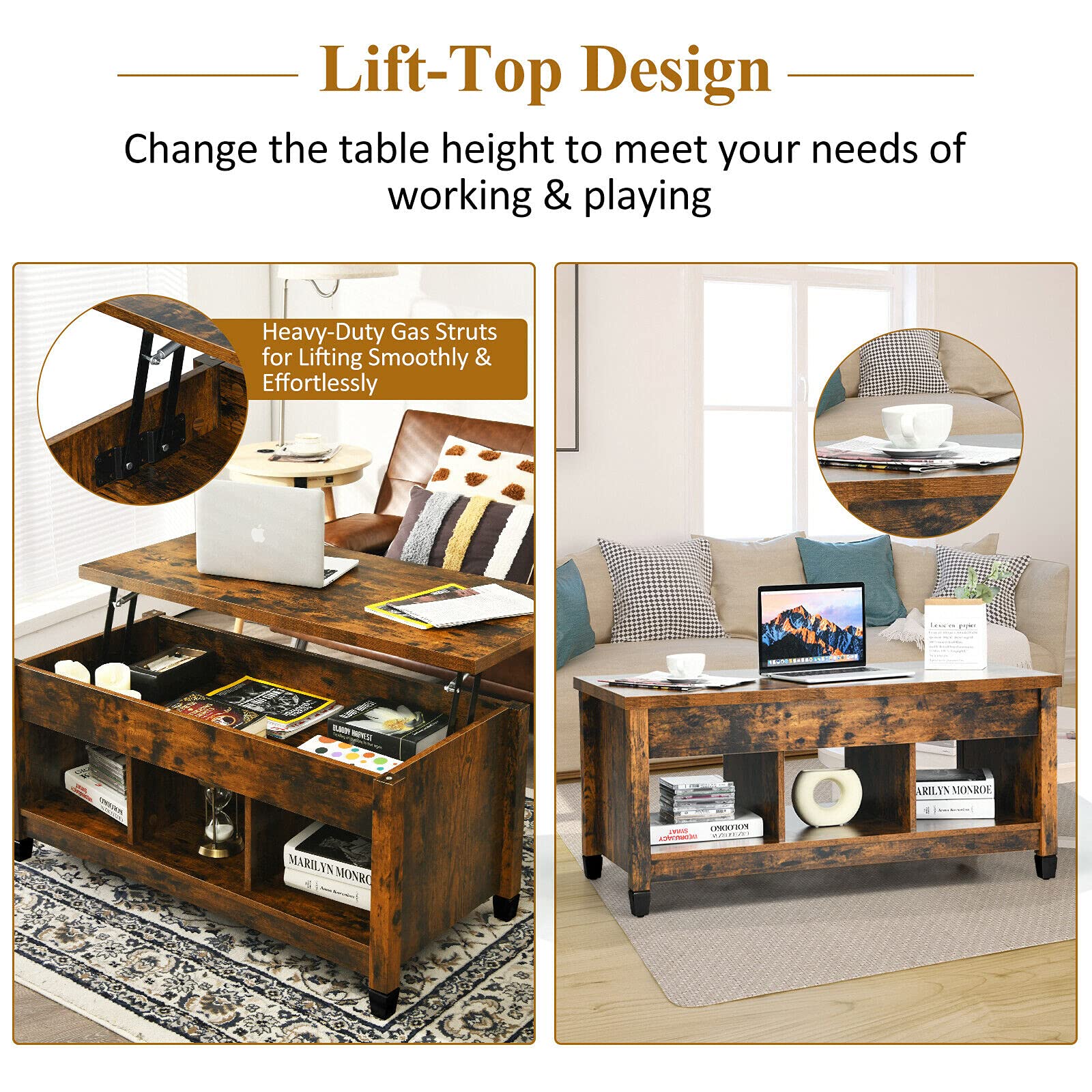 Lift Top Coffee Table with Hidden Storage Compartment & Display Shelves - Rustic Brown Retro Center Table for Living Room, Bedroom, Home & Office - Perfect for Tea Time, Dining, and Extra Storage Space