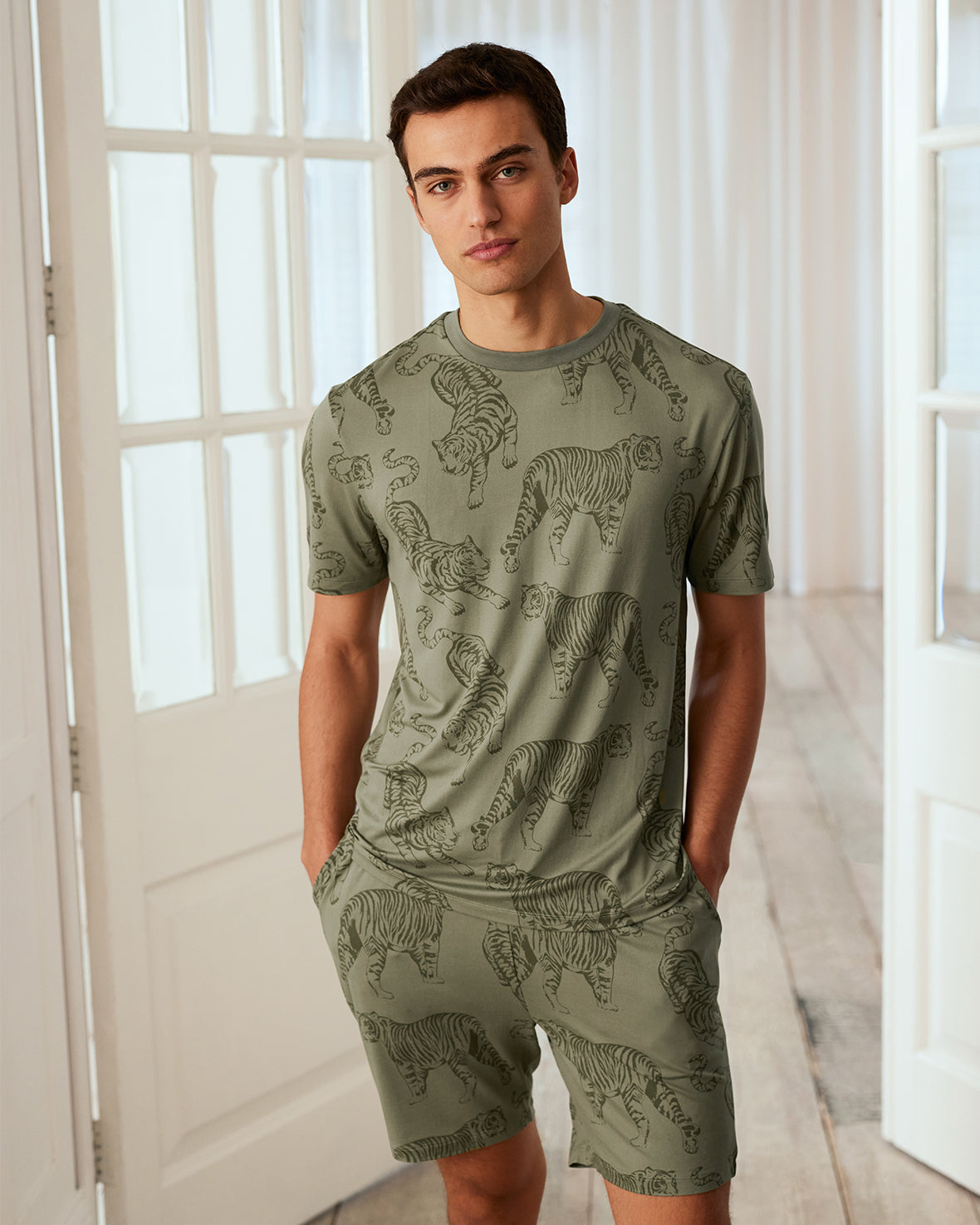 Tiger Print Short Pajama Set for Women - Soft & Comfortable Sage Green Sleepwear - Perfect for Summer Nights & Lounge Wear