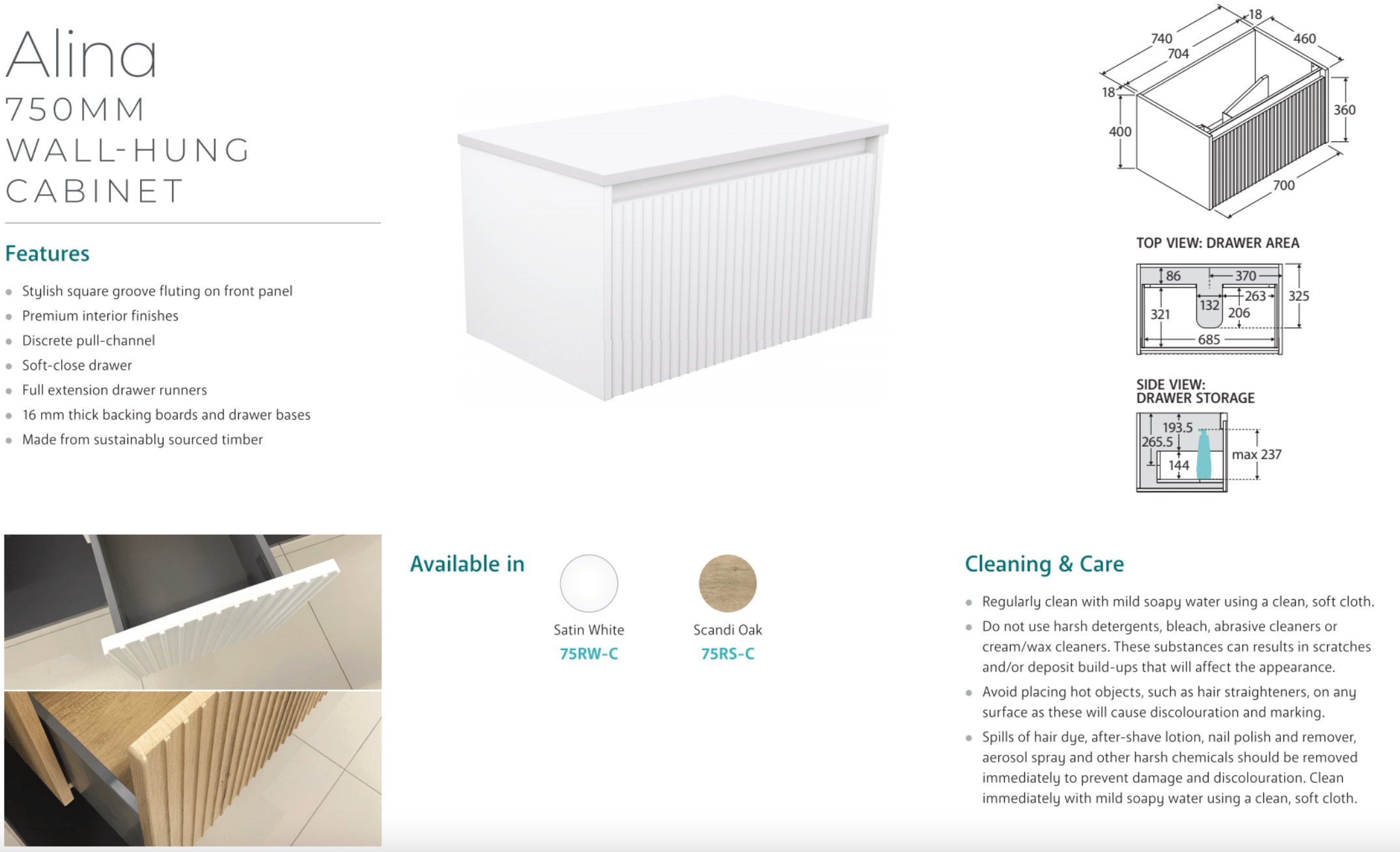 Fienza SB75RW 750mm Undermount Bathroom Vanity - Sarah Black Sparkle with Alina Satin White Finish | Wall-Hung Modern Design for Small Bathrooms & Powder Rooms