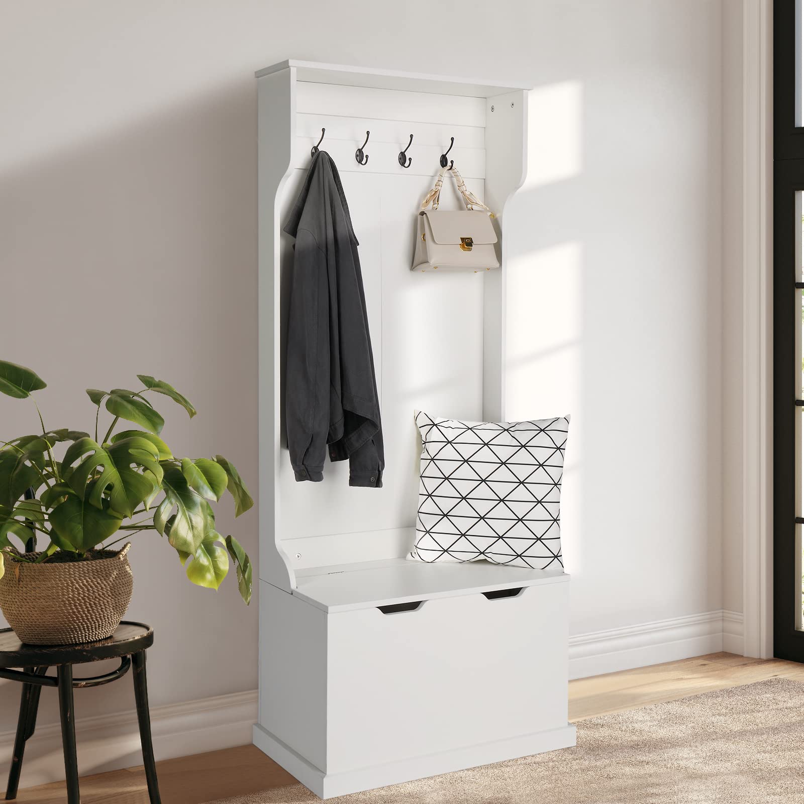 Karl Home 3-in-1 Hall Tree with Storage Bench - Freestanding Coat Rack with 4 Hooks & Flip Cover Seat - Space Saving Entryway Organizer for Bedroom, Hallway & Living Room (67