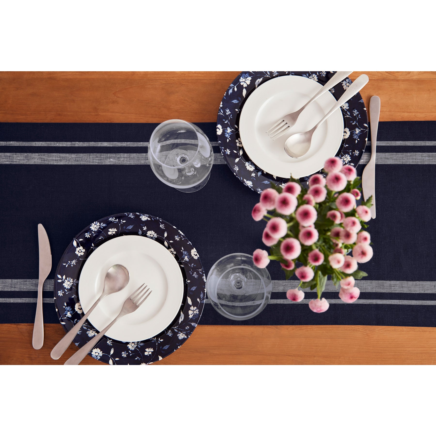 French Striped Table Runner - 16 Inch Wide Cotton Linen Blend for Dining Room Decor & Wedding Table Setting