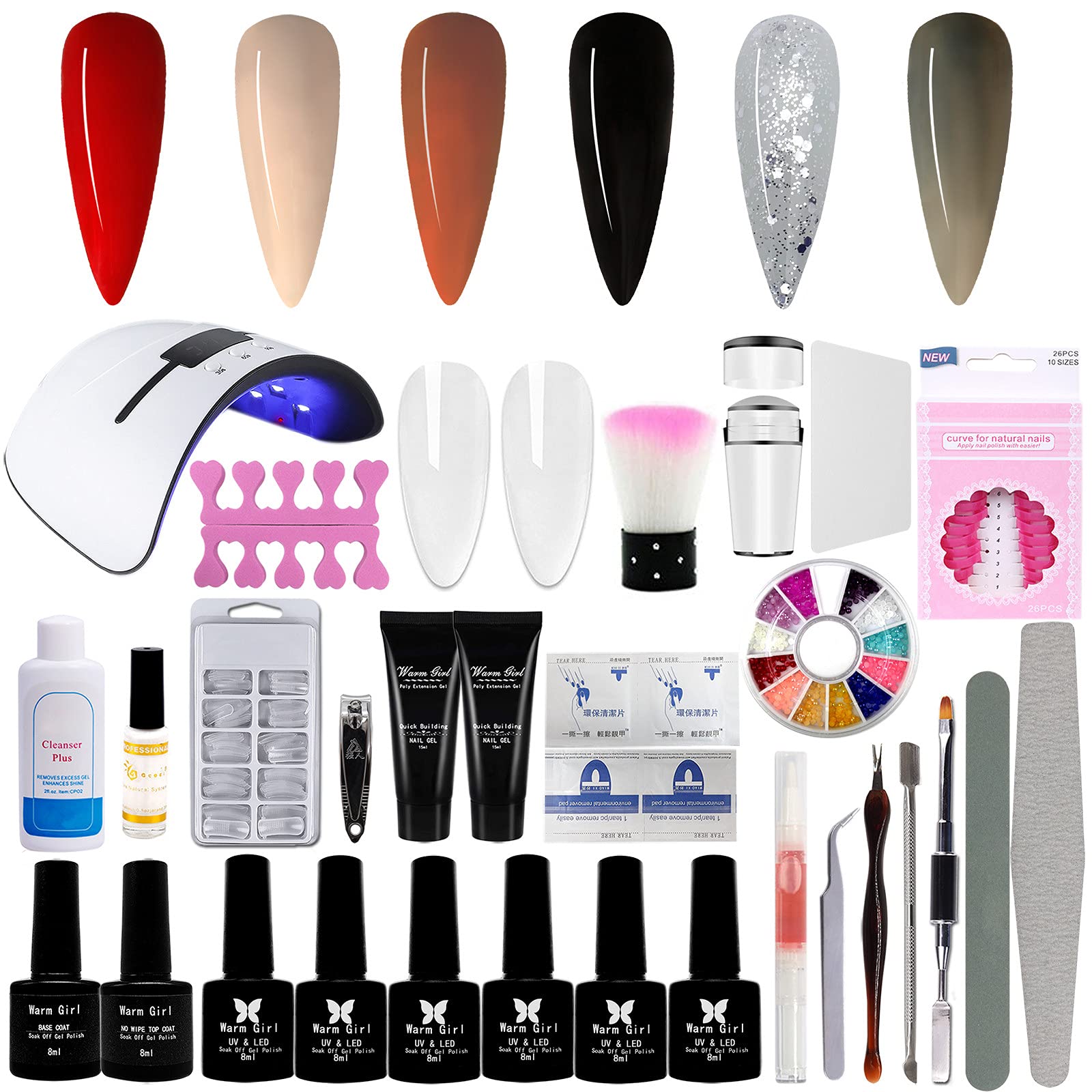 36W UV LED Nail Lamp & 6 Gel Polish Starter Kit - No Wipe Base/Top Coat, 2 Builder Gels - All-in-One DIY Manicure Set for Beginners | Home Salon & Nail Art Design