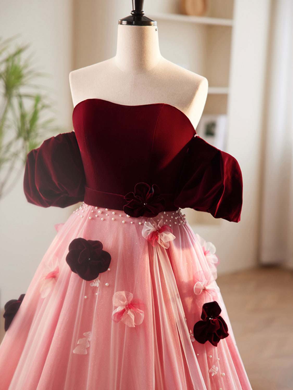Elegant A-Line Burgundy & Pink Tulle Velvet Long Prom Dress - Formal Evening Gown for Homecoming, Quinceañera & Special Occasions