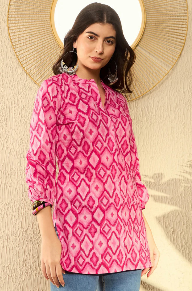 Stylish Pink Cotton Blend Ikat Printed Tunic Top for Women | Comfortable & Fashionable Summer Tunic Blouse | Perfect for Casual Outings, Beach Cover-ups & Boho Chic Outfits