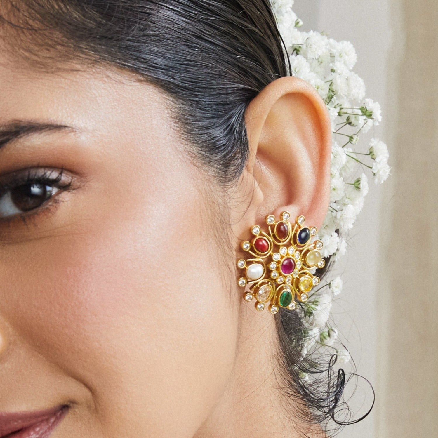 Navaratna Floral Stud Earrings - 9 Gemstone Sterling Silver Jewelry for Women | Perfect for Weddings, Parties & Daily Wear