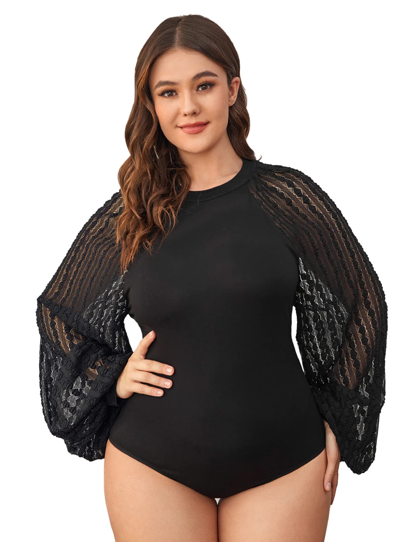 Romwe Women's Plus Size Sexy Mesh Lantern Sleeve Mock Neck Bodysuit Jumpsuit - Clubwear & Party Outfit for Nightlife & Special Occasions