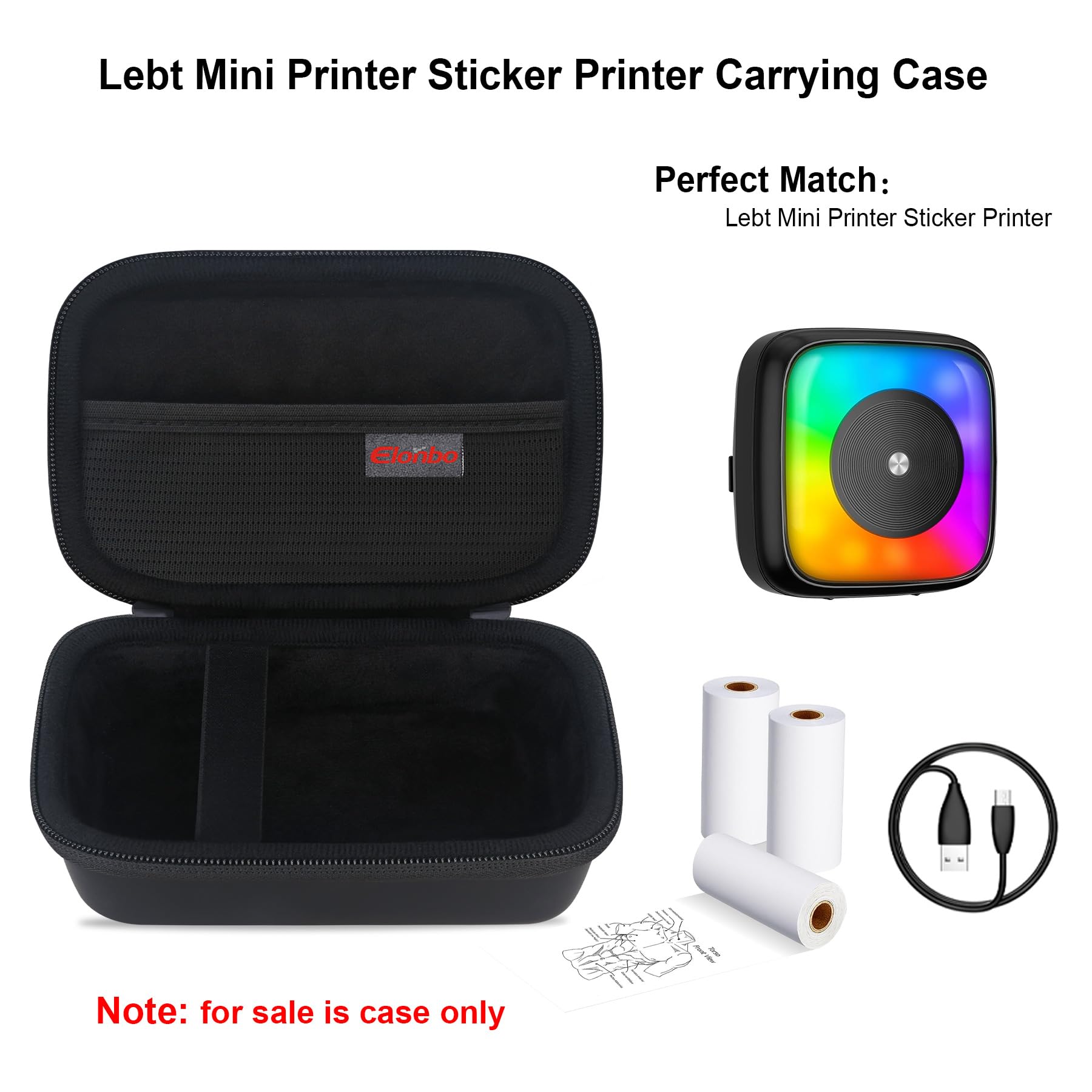 Elonbo Carrying Case for Lebt Mini Sticker Pocket Printer - Portable Thermal Label Printer Travel Bag with Mesh Pocket for Label Paper Rolls & Tape - Perfect for Office, Shipping, E-commerce & Travel (Black)
