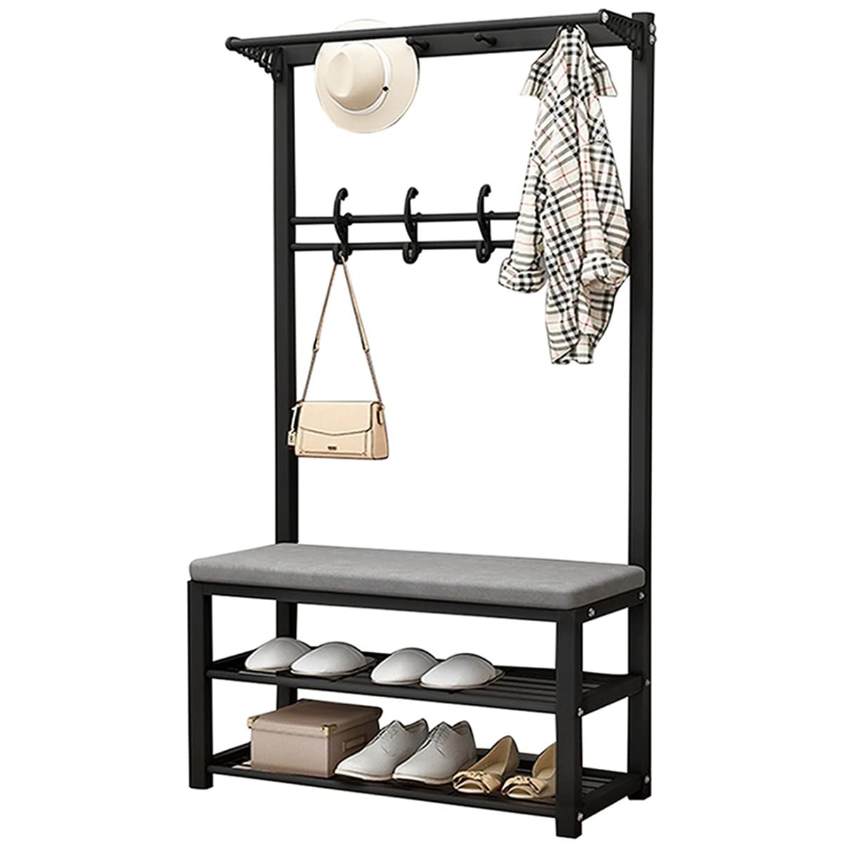 Mixfom 3-in-1 Hall Tree Coat Rack with 2-Tier Storage Shelf & Hooks Shoe Bench - Space Saving Entryway Organizer for Shoes, Coats & Accessories (Black, 80x33x170cm) - Perfect for Hallway, Bedroom & Living Room Décor