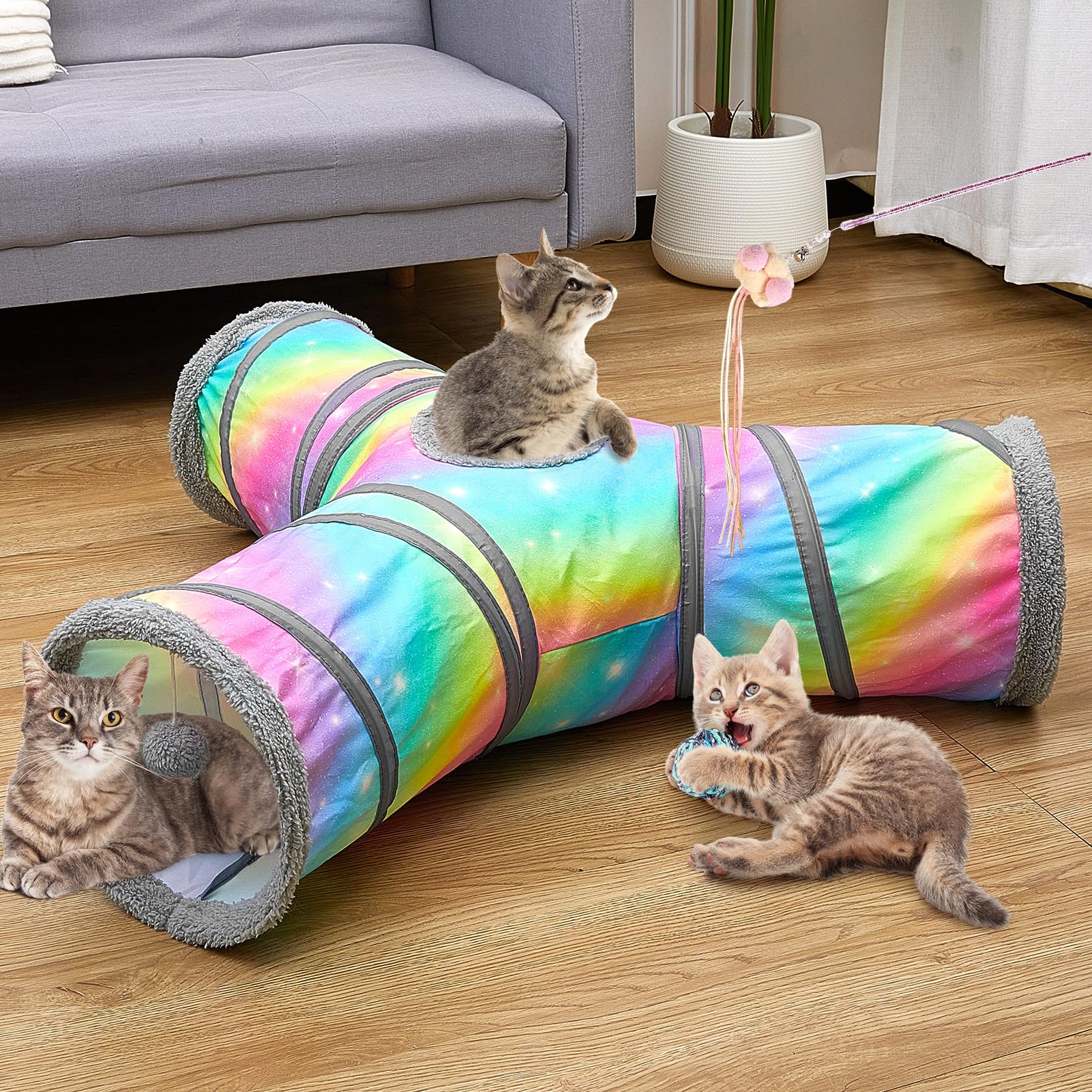 3-Way Cat Tunnel for Indoor Cats - Collapsible Peekaboo Cat Cave with 3 Toy Balls | Fun Play Tube for Kittens & Puppies | Perfect for Hide & Seek, Exercise & Playtime