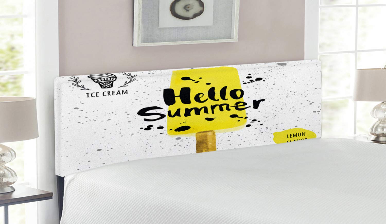 Ambesonne Ice Cream Themed Queen Size Headboard - Hello Summer Phrase with Lemon Flavor & Watercolor Print - Upholstered Decorative Metal Bed Frame with Memory Foam in Yellow, Black & White - Perfect for Kids' Rooms, Summer Themed Bedrooms & Ice Cream Lovers