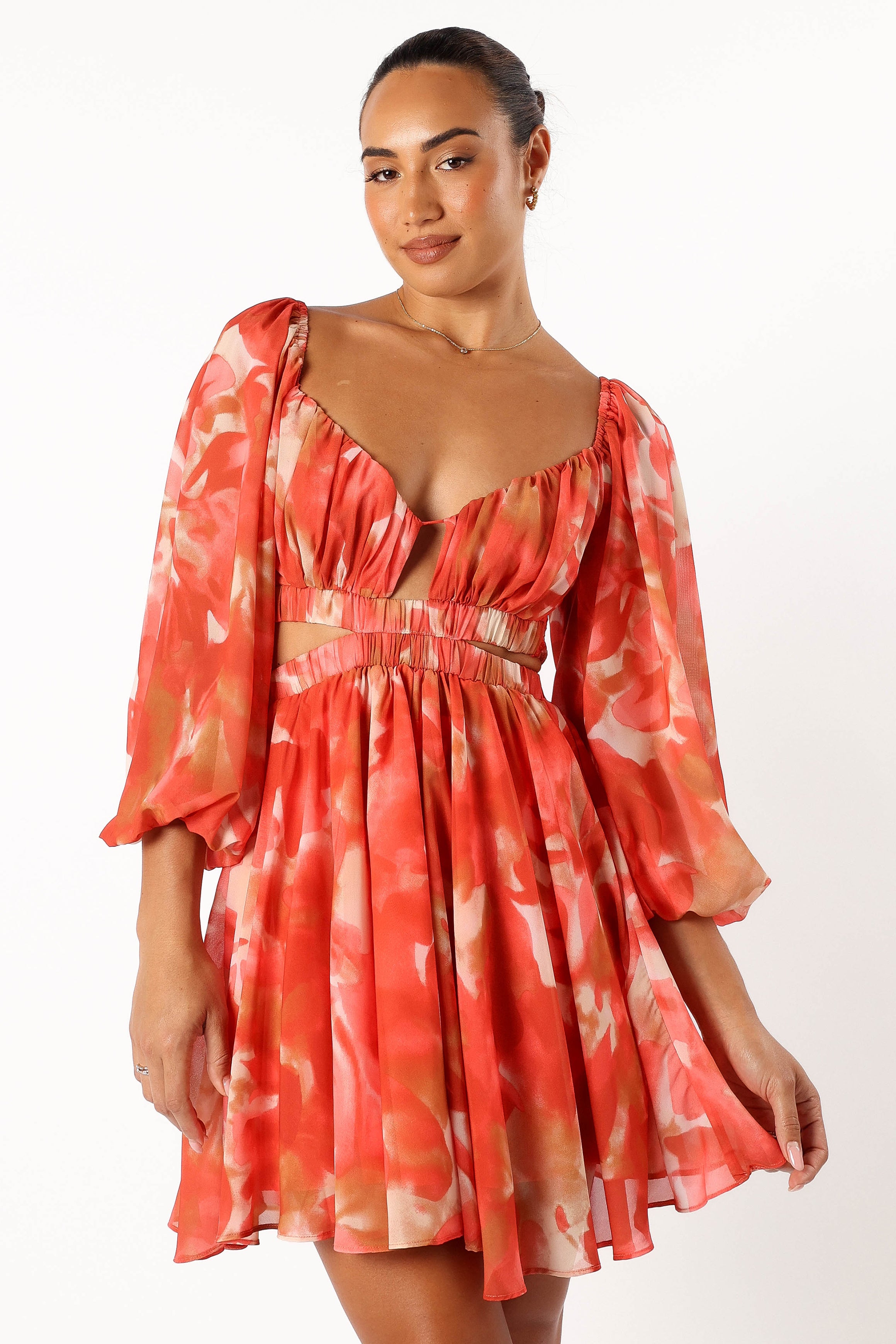 Katniss Long Sleeve Mini Dress - Red Floral Print Women's Party Dress | Elegant Cocktail & Evening Wear for Date Night & Special Occasions