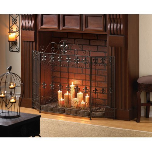 Elegant AW Fleur De Lis French Country Wrought Iron Fireplace Screen with Scrolling Design - Perfect for Rustic Home Decor & Fireplace Safety