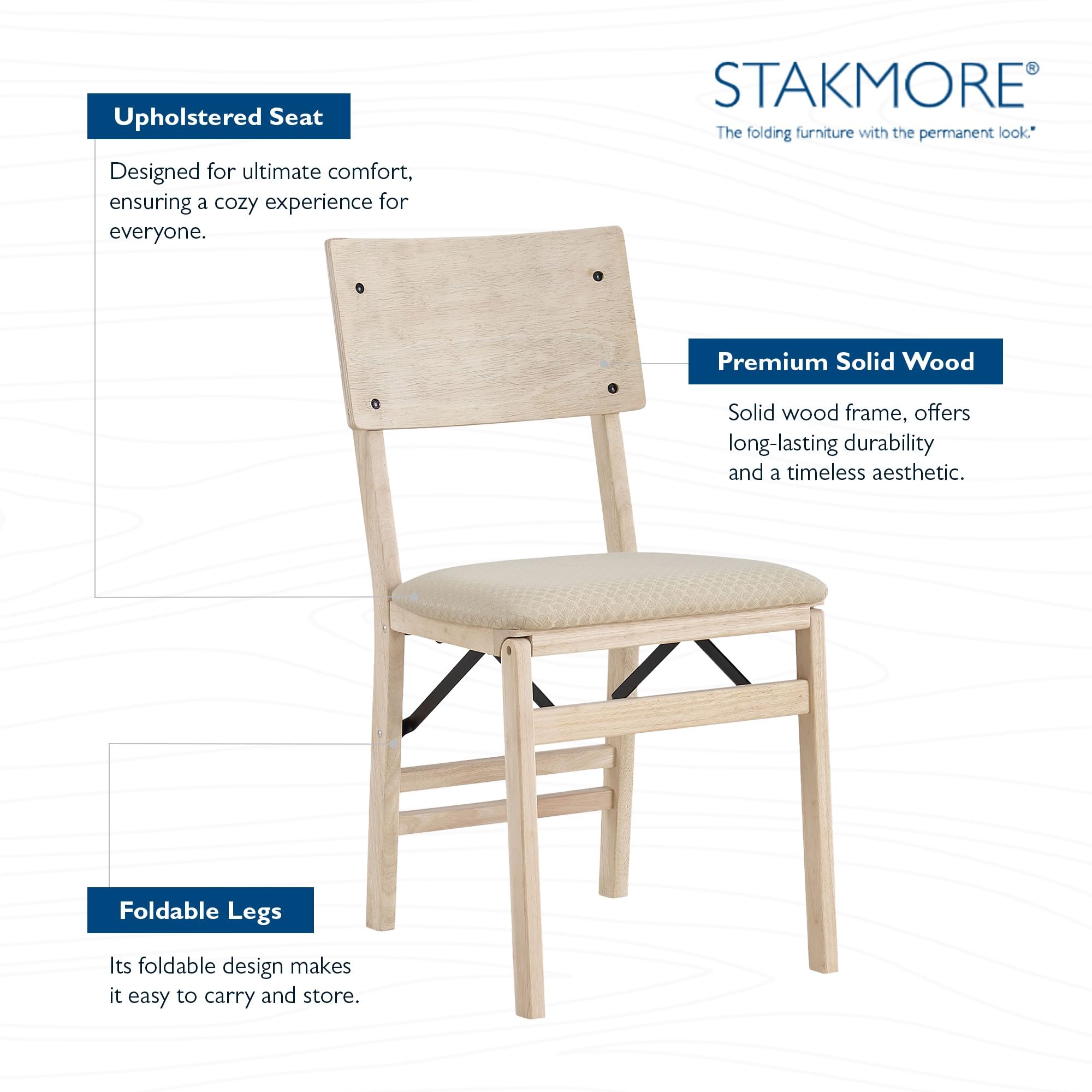 Premium Solid Wood Folding Dining Chair Set of 2 - MECO Stakmore Aztec Curved Back with Fabric Padded Seat - Perfect for Small Spaces, Kitchen, Dining Room & Home Office - Unfinished Wood Finish