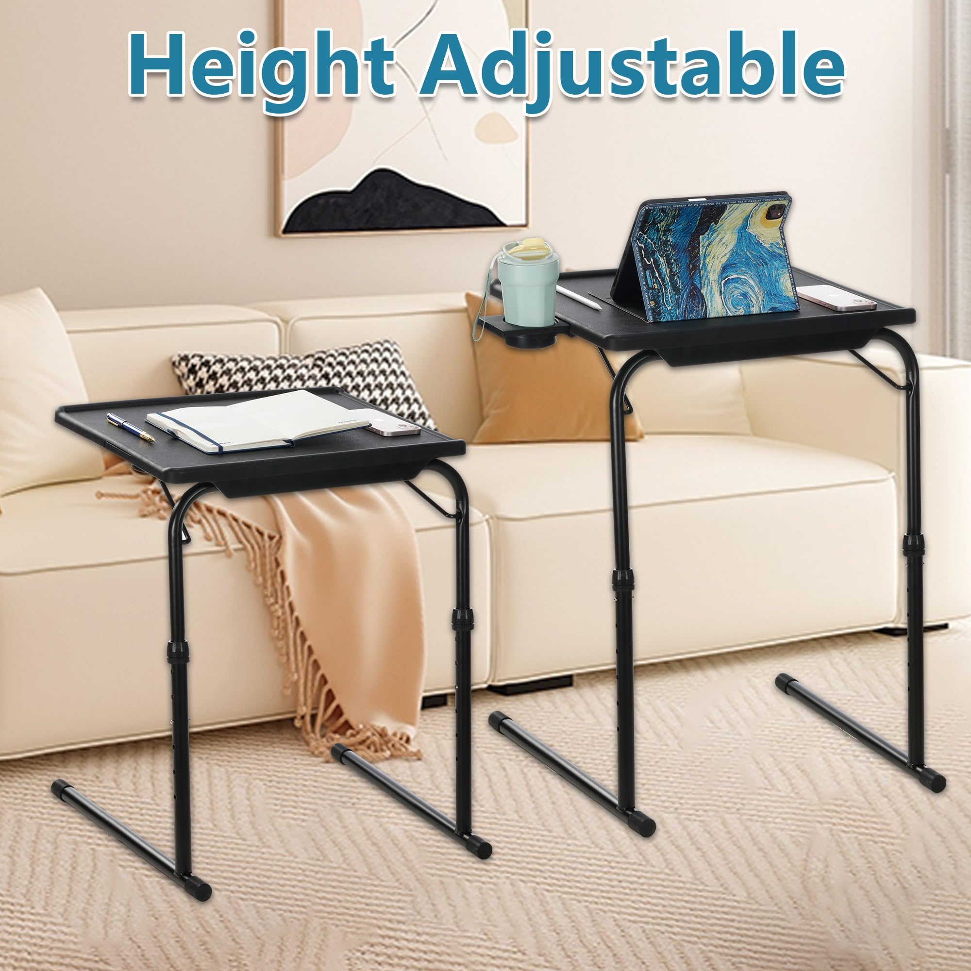 Adjustable TV Tray Table with Cup Holder - 6 Height & 3 Angle Positions - Foldable Laptop Desk for Eating, Working, or Reading in Bed - Perfect for Living Room, Bedroom, or Office Use