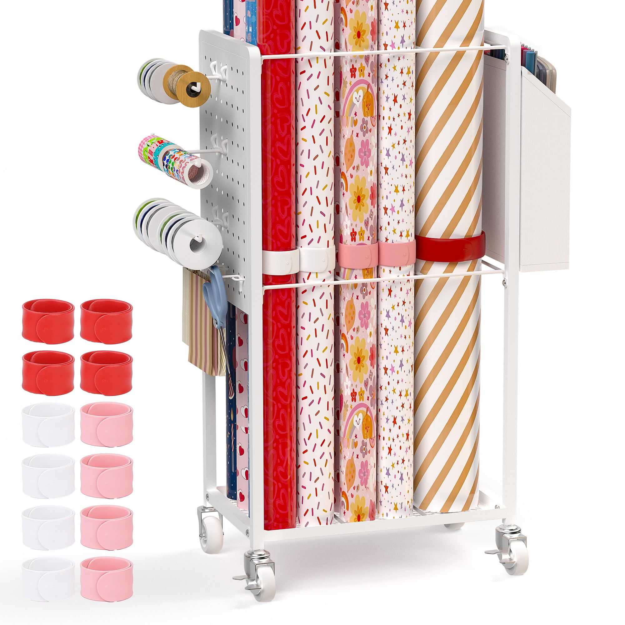 Rolling Gift Wrapping Organizer Cart with 12 Slap Bands - Portable Wrapping Paper Storage Station, Ribbon Holder, Blueprint & Poster Organizer for Crafts, DIY Projects, Home Office & Holiday Gift Wrapping