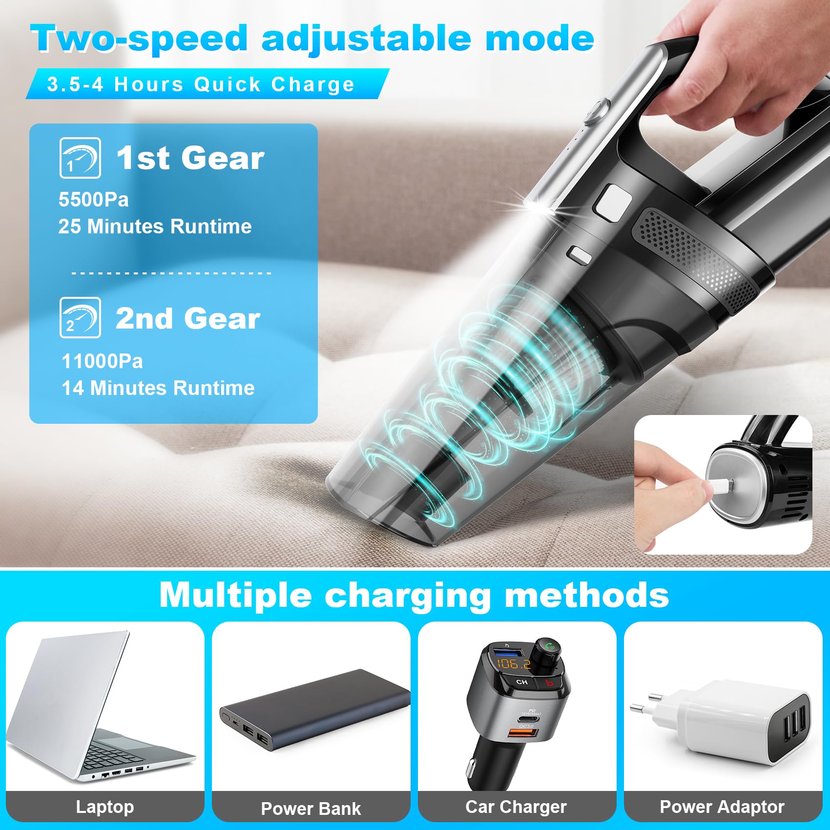 Powerful 11000PA Cordless Handheld Vacuum Cleaner - Mini Portable Rechargeable Car Vacuum for Home, Office & Auto Use | Perfect for Car Seats, Pet Hair & Quick Cleanups