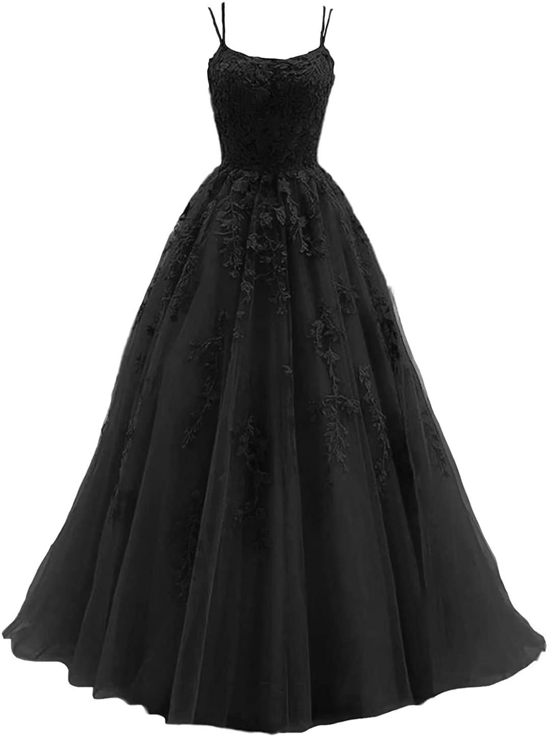 LWOKTCX Women's Lace Applique Tulle Prom Dress - Elegant Long Ball Gown with Spaghetti Straps & Backless Design for Formal Evening Parties, Homecoming, Wedding Guest & Special Occasions