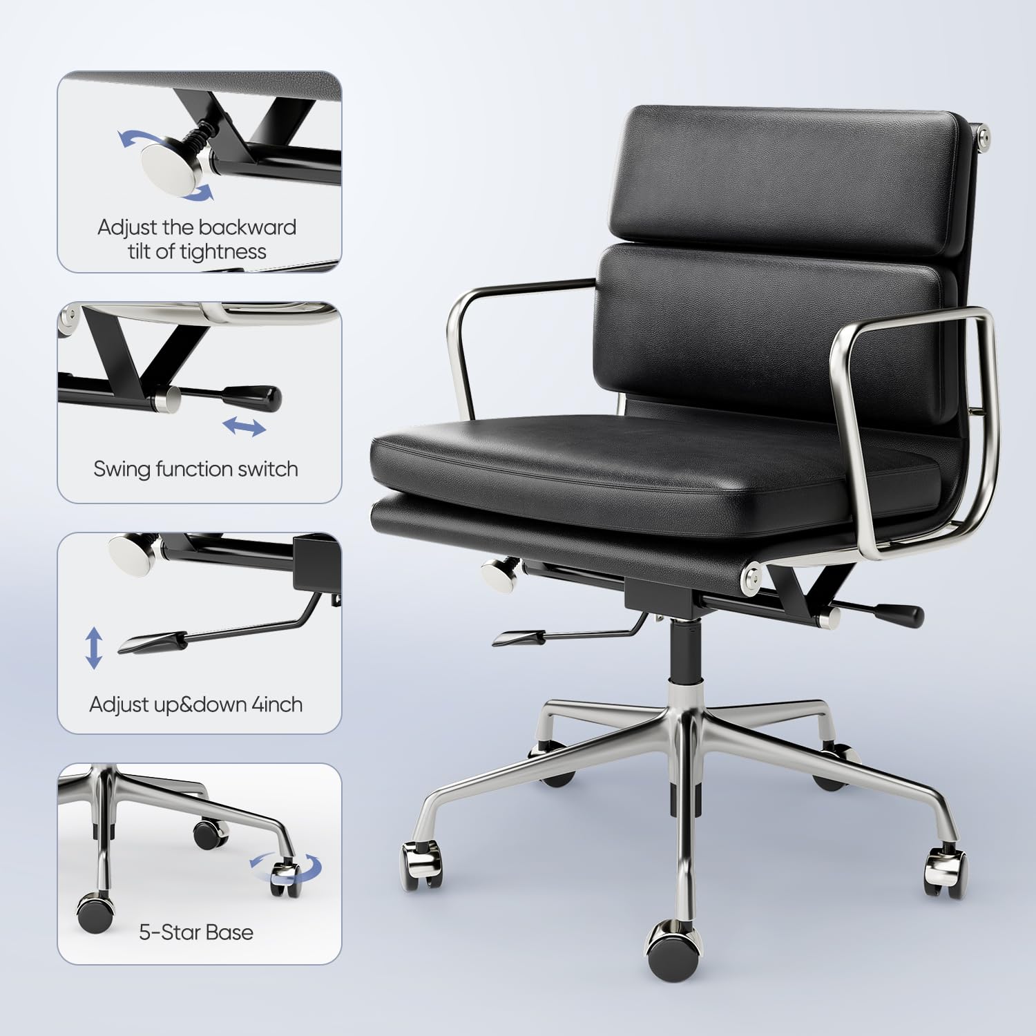 Premium Genuine Leather Office Chair - Mid Back Executive Desk Chair with Lumbar Support, Padded Arms & Smooth-Rolling Wheels - Ergonomic Aluminum Base Rolling Chair for Home Office, Conference Room & Workspace - Modern Black Leather Computer Chair for Professionals