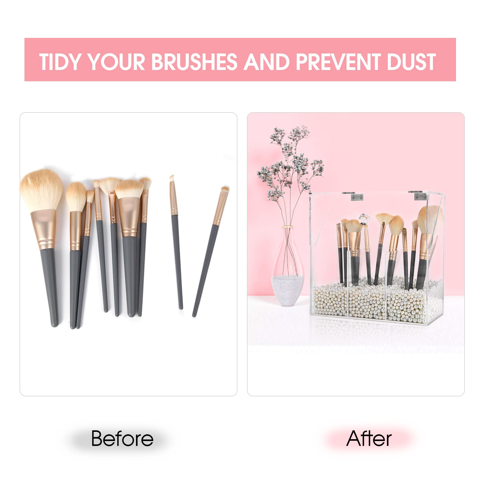 Clear Acrylic Makeup Brush Holder with 3 Compartments & Dust Cover - Large Capacity Cosmetic Organizer for Vanity Desk | Perfect for Makeup Artists & Beauty Enthusiasts